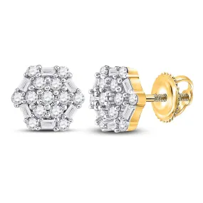 Keene Jewelers 10kt Yellow Gold Womens Round Diamond Hexagon Cluster Earrings 1/3 Cttw