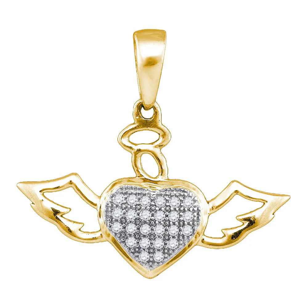 Keene Jewelers 10kt Yellow Gold Womens Round Diamond Winged Angel Heart Pendant 1/10 Cttw