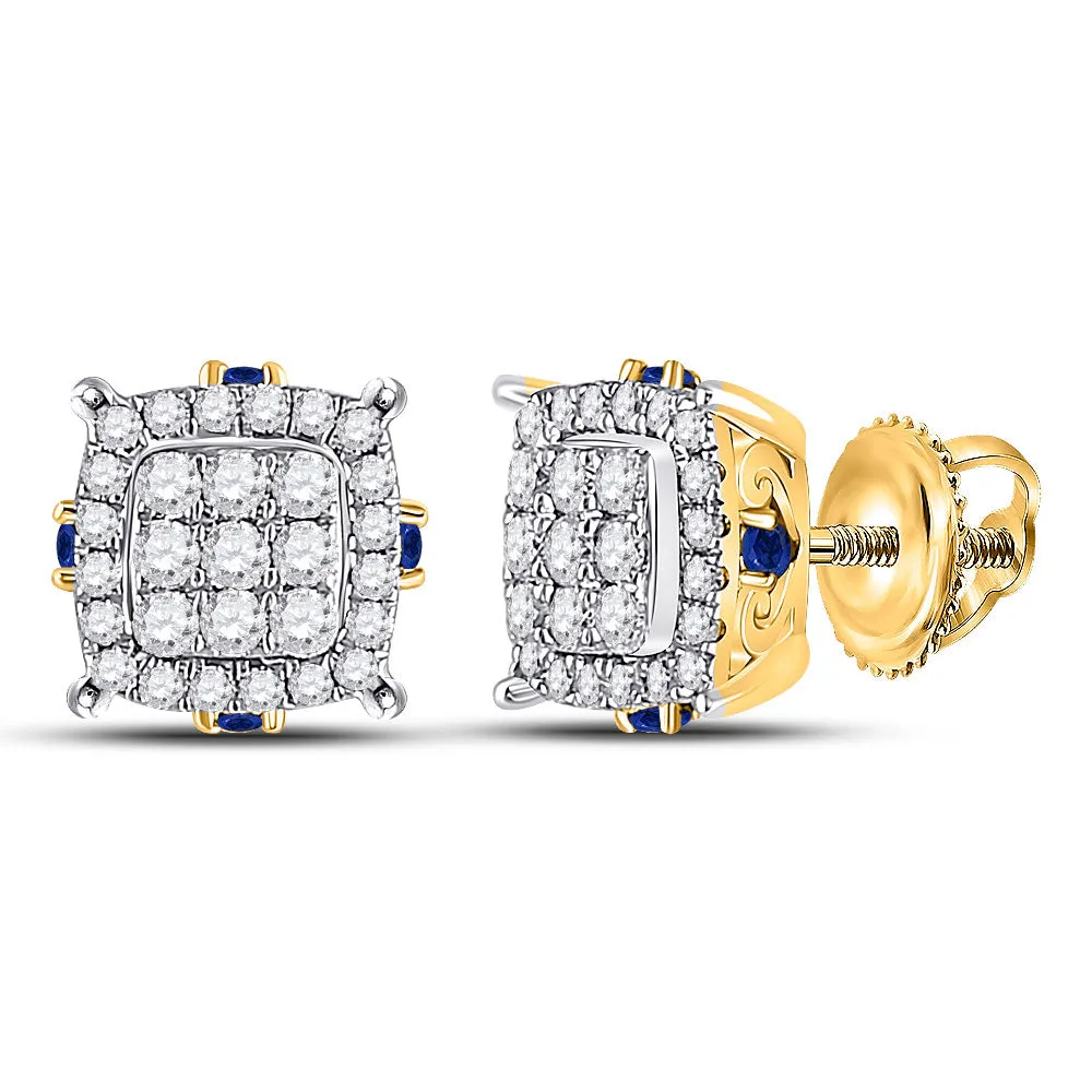 Keene Jewelers 14kt Yellow Gold Womens Round Diamond Blue Sapphire Square Earrings 3/4 Cttw