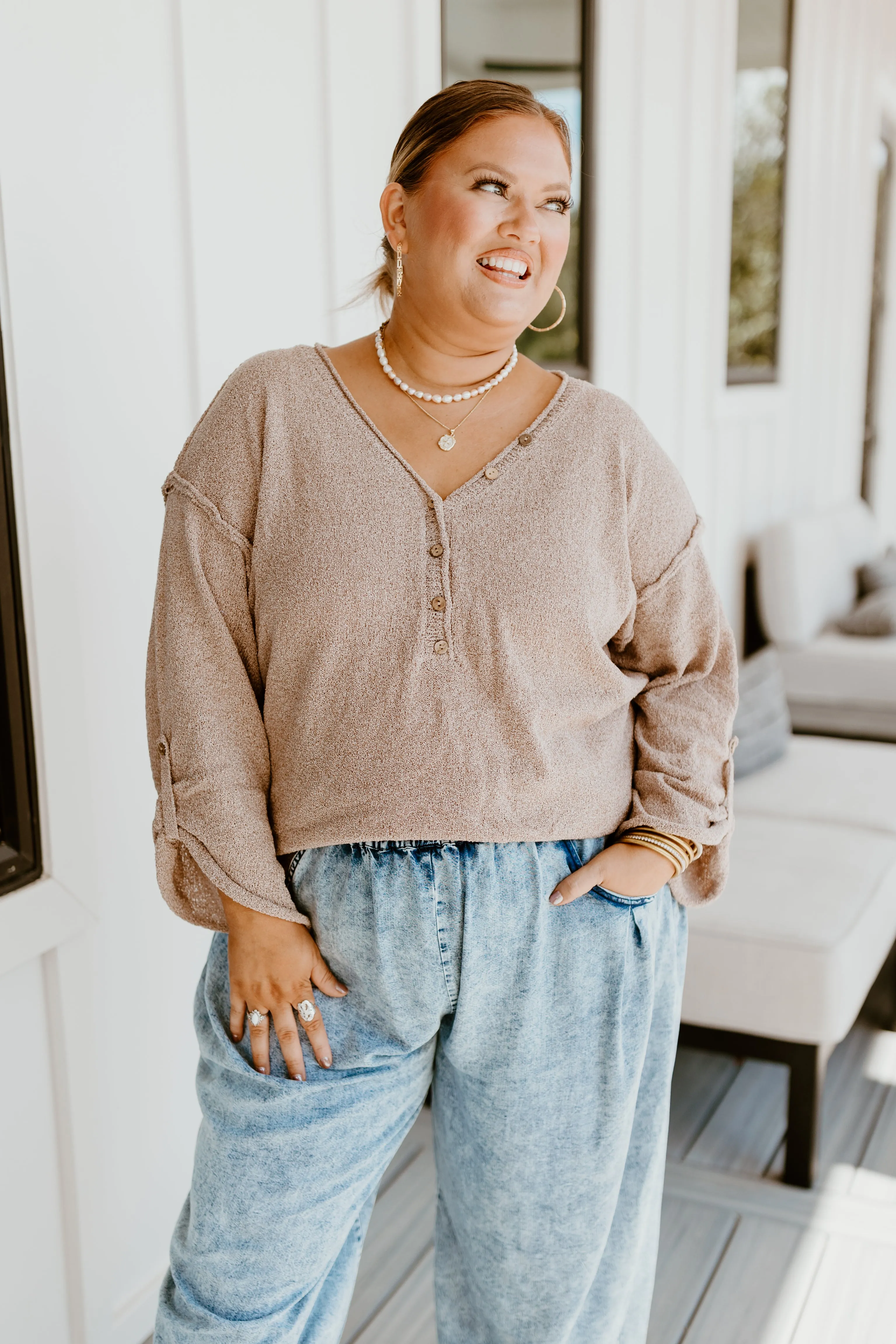 Khaki Long Sleeve Oversized V-Neck Top