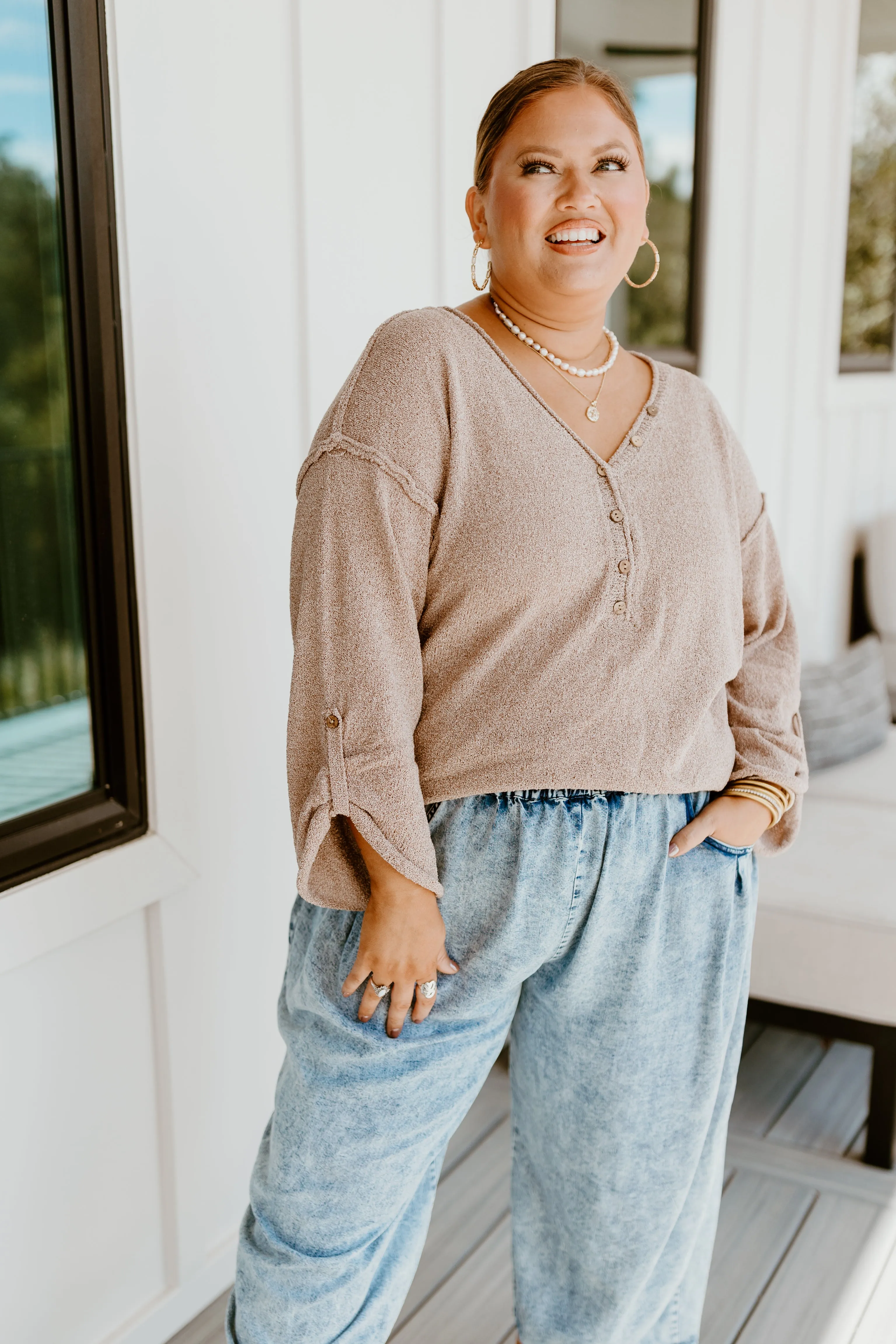 Khaki Long Sleeve Oversized V-Neck Top