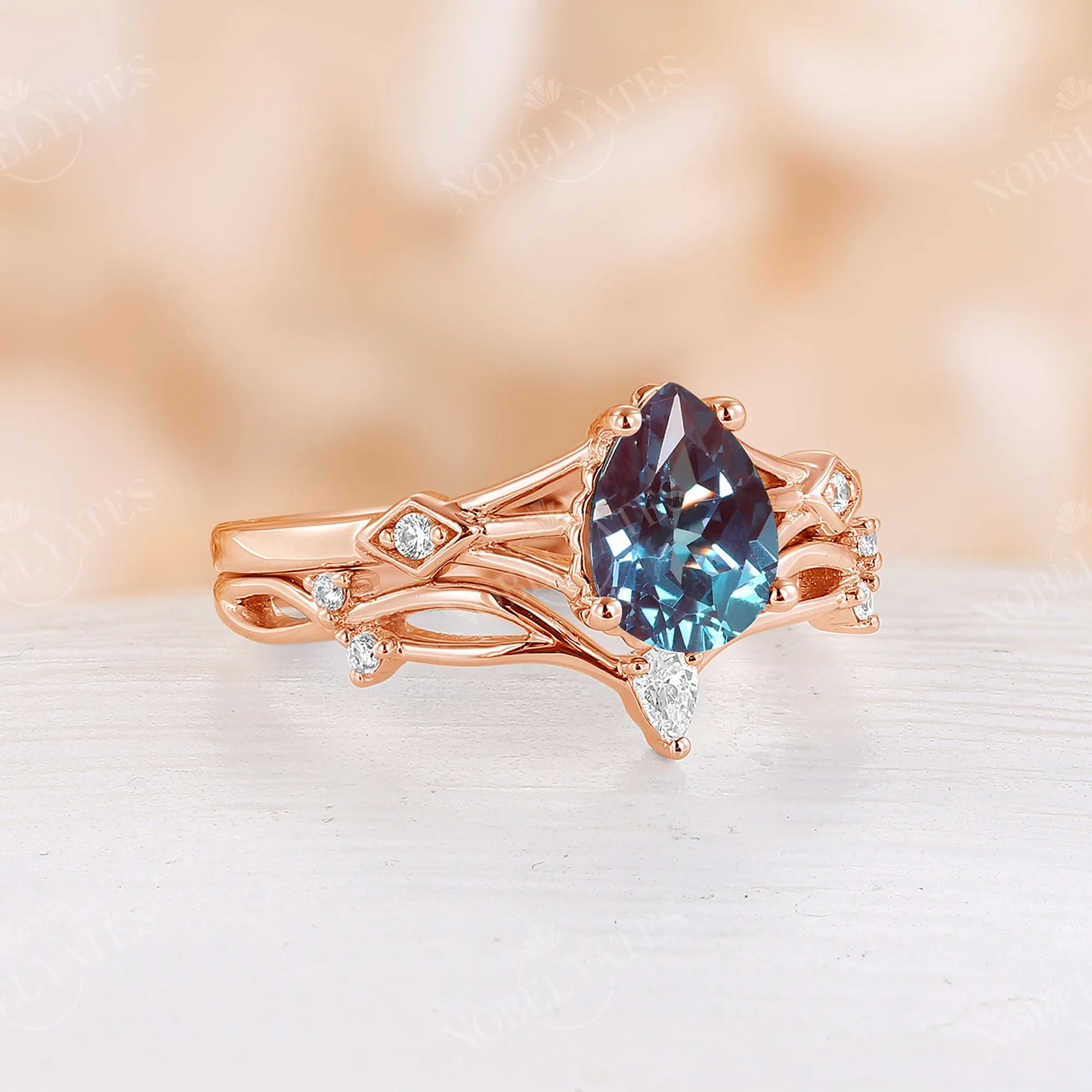 Lab Alexandrite Vintage Engagement Ring Set Split Band Rose Gold