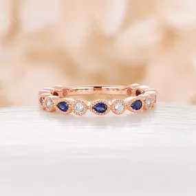 Lab Sapphire Milgrain 3/4 Eternity Vintage Wedding Band