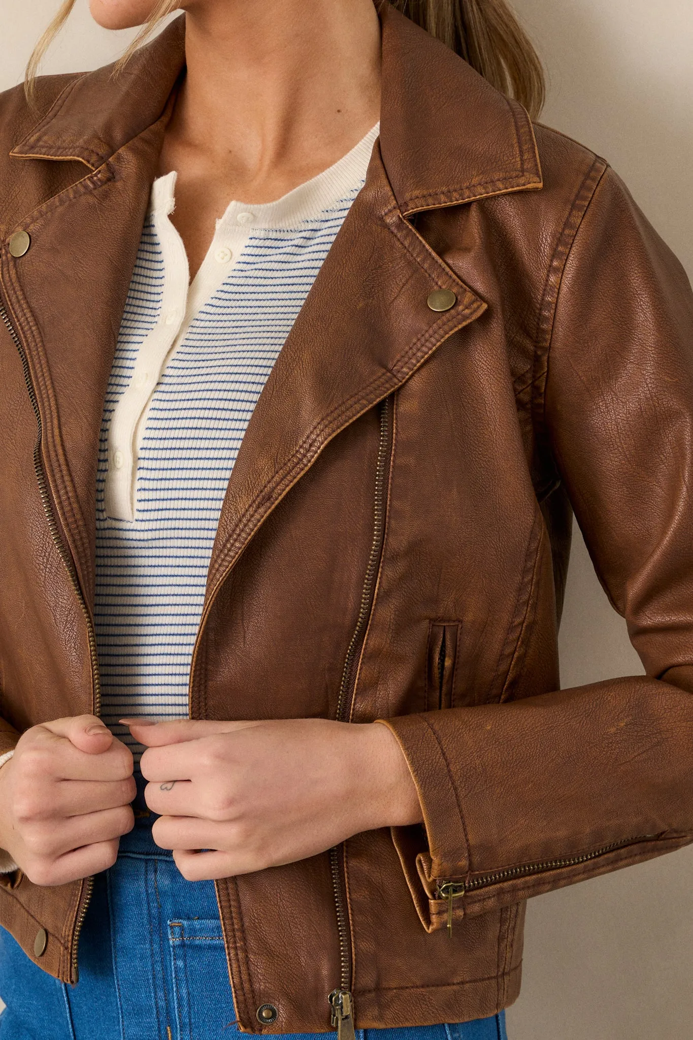 Let's Ride Brown Faux Leather Moto Jacket