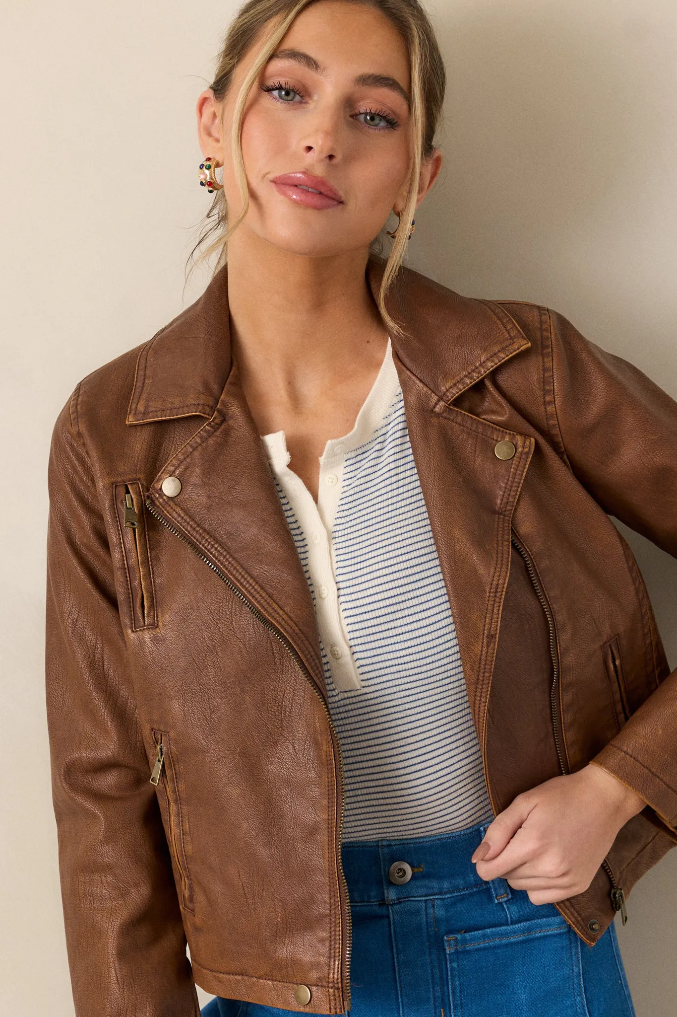 Let's Ride Brown Faux Leather Moto Jacket