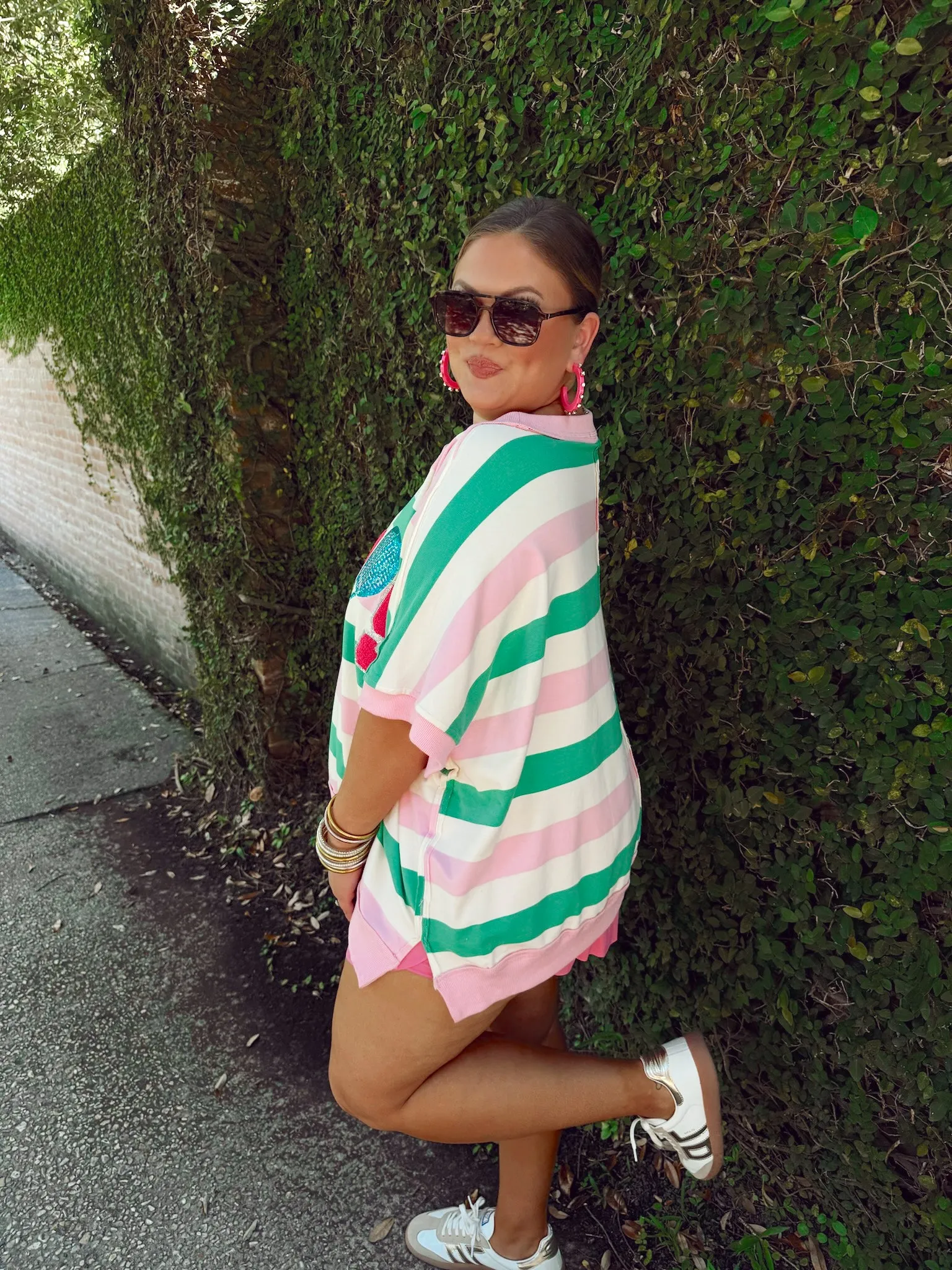 Light Pink and Green Striped Tennis Oversized Top