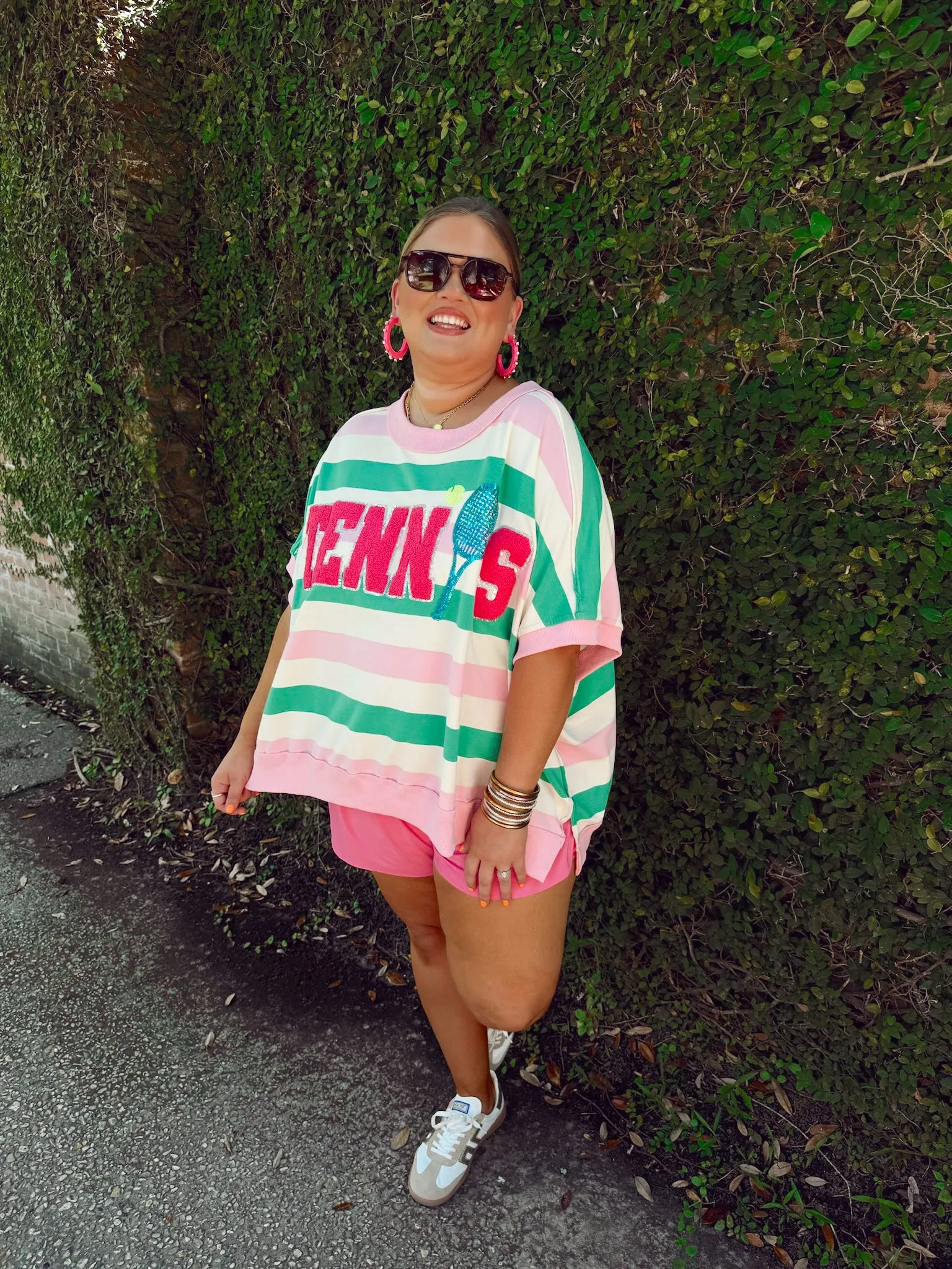 Light Pink and Green Striped Tennis Oversized Top