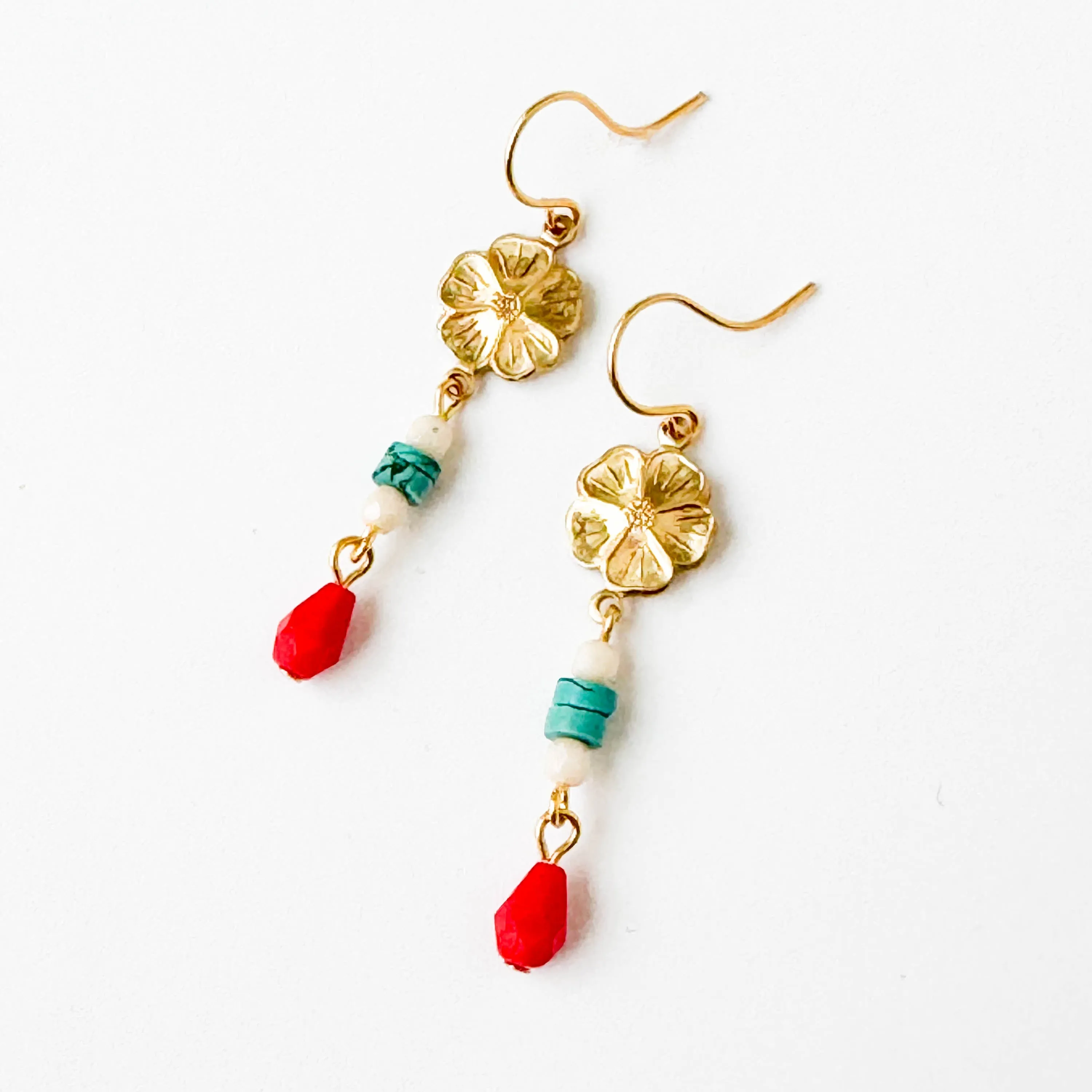 Long Flower Earrings with Turquoise Stones and Red Beads-WS