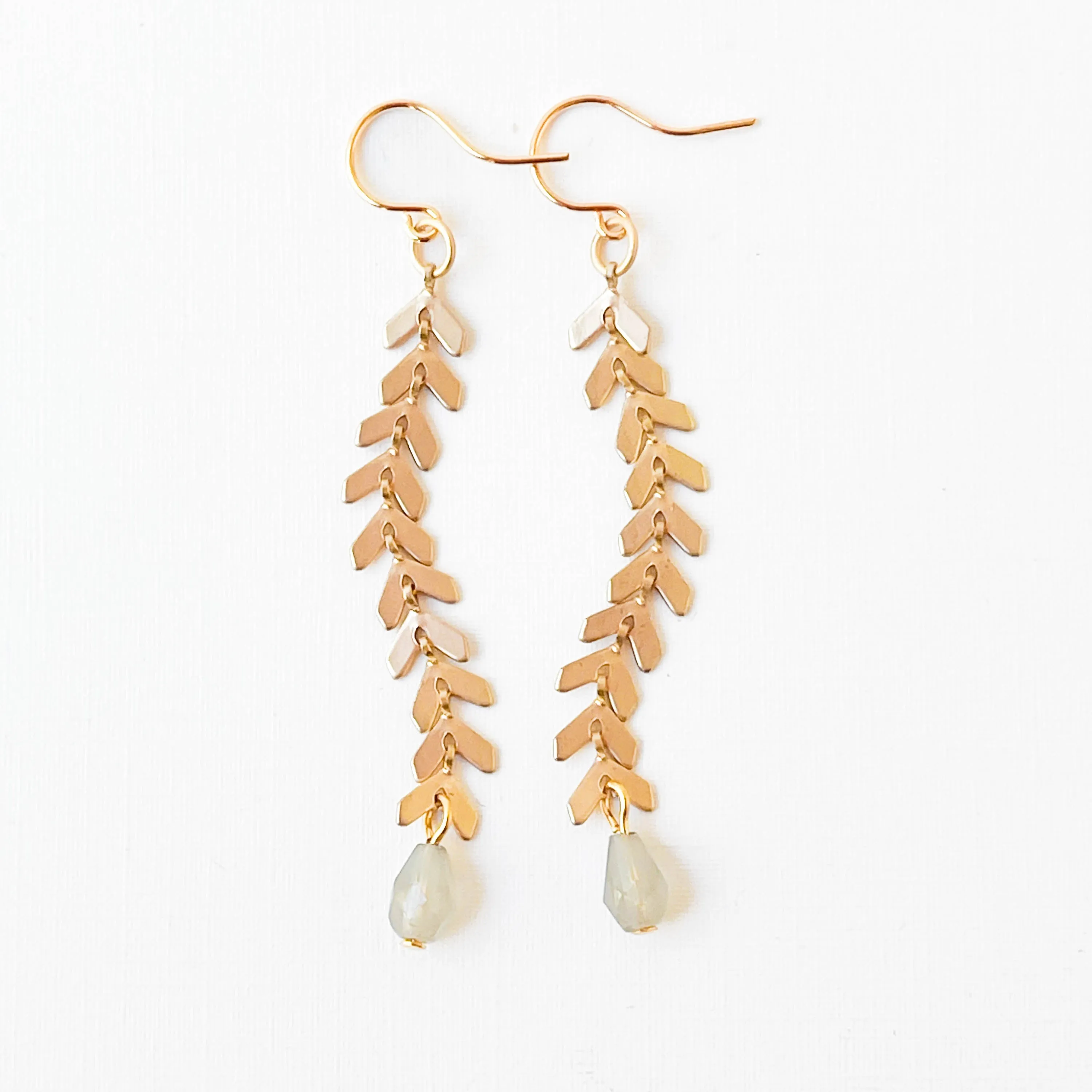 Long Gold Chevron and Pale Grey Bead Earrings - WS