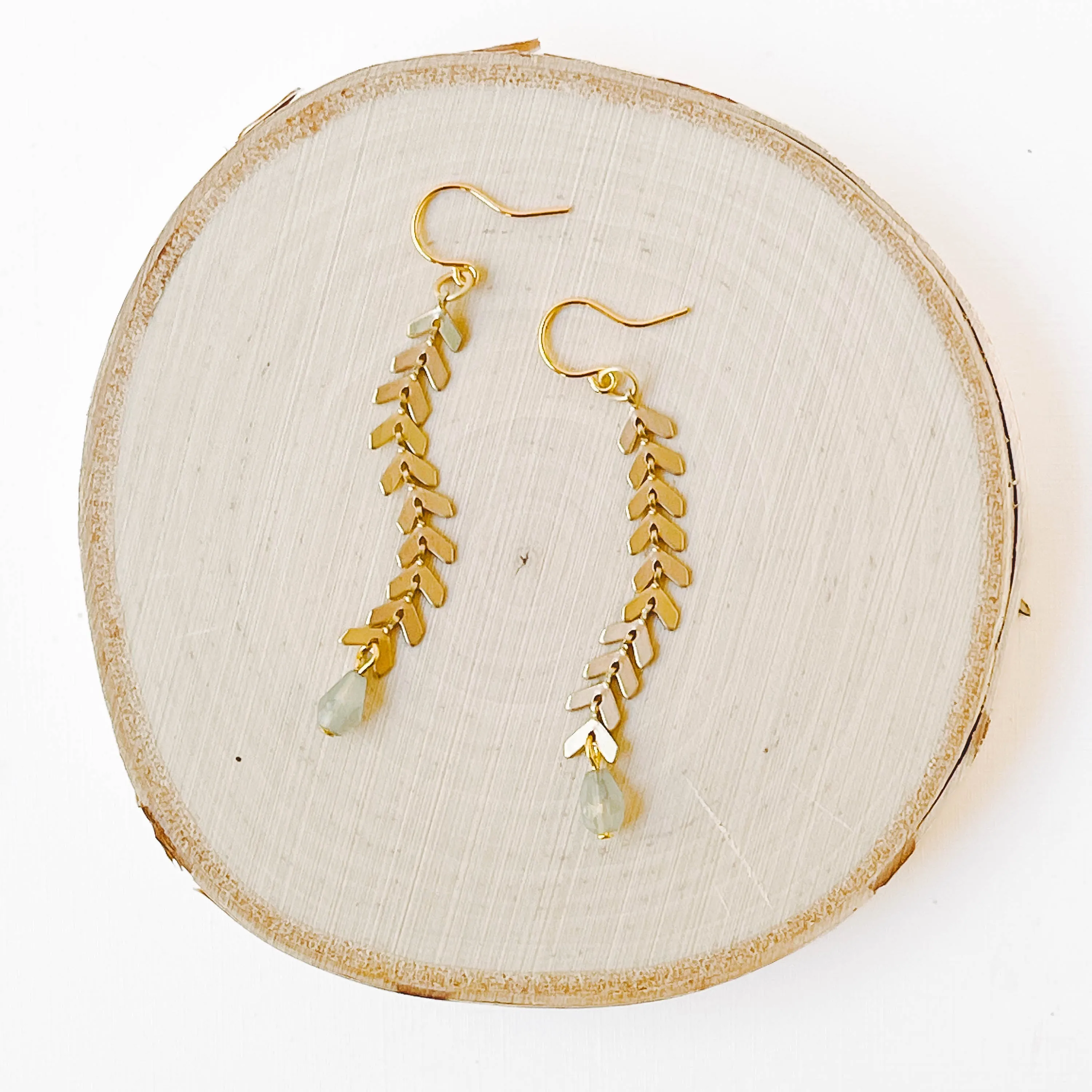 Long Gold Chevron and Pale Grey Bead Earrings - WS