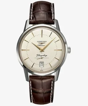 Longines Mens Cream L4.795.4.78.1 Heritage stainless-steel and leather automatic watch