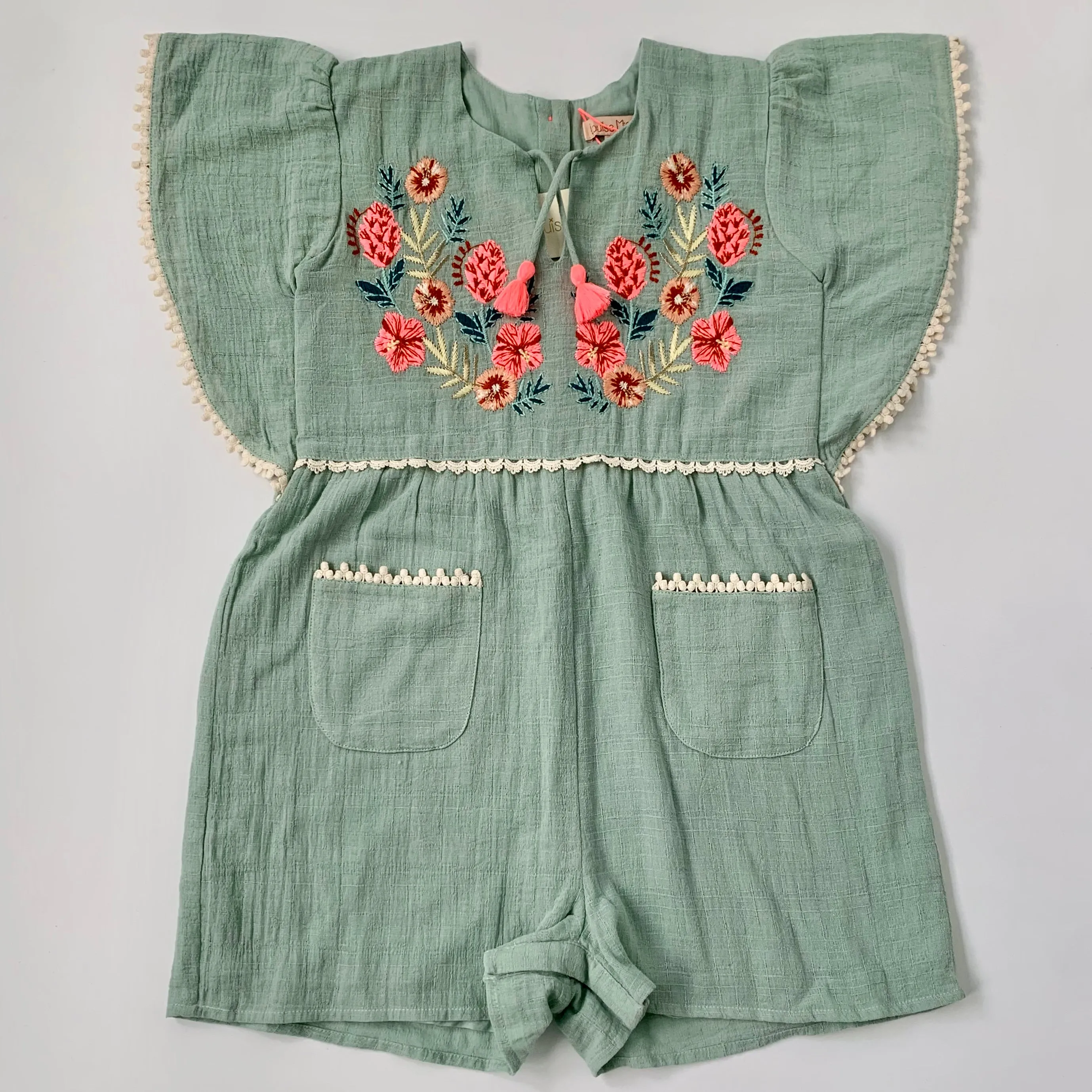 Louise Misha Teal Cotton Romper With Neon Embroidery: 8 Years