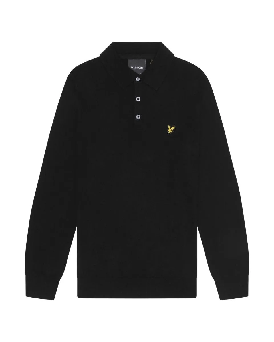 Lyle & Scott Merino Cotton Long Sleeve Polo Shirt Jumper Jet Black