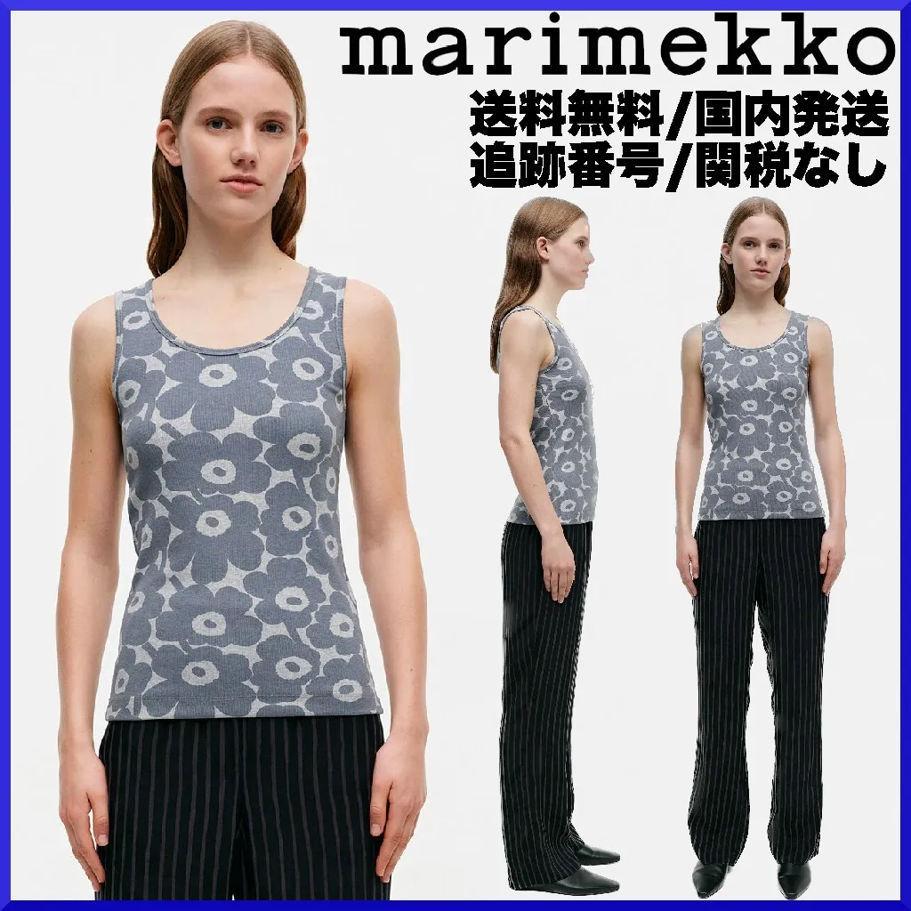 marimekko  |Crew Neck Flower Patterns Rib Plain Cotton Medium