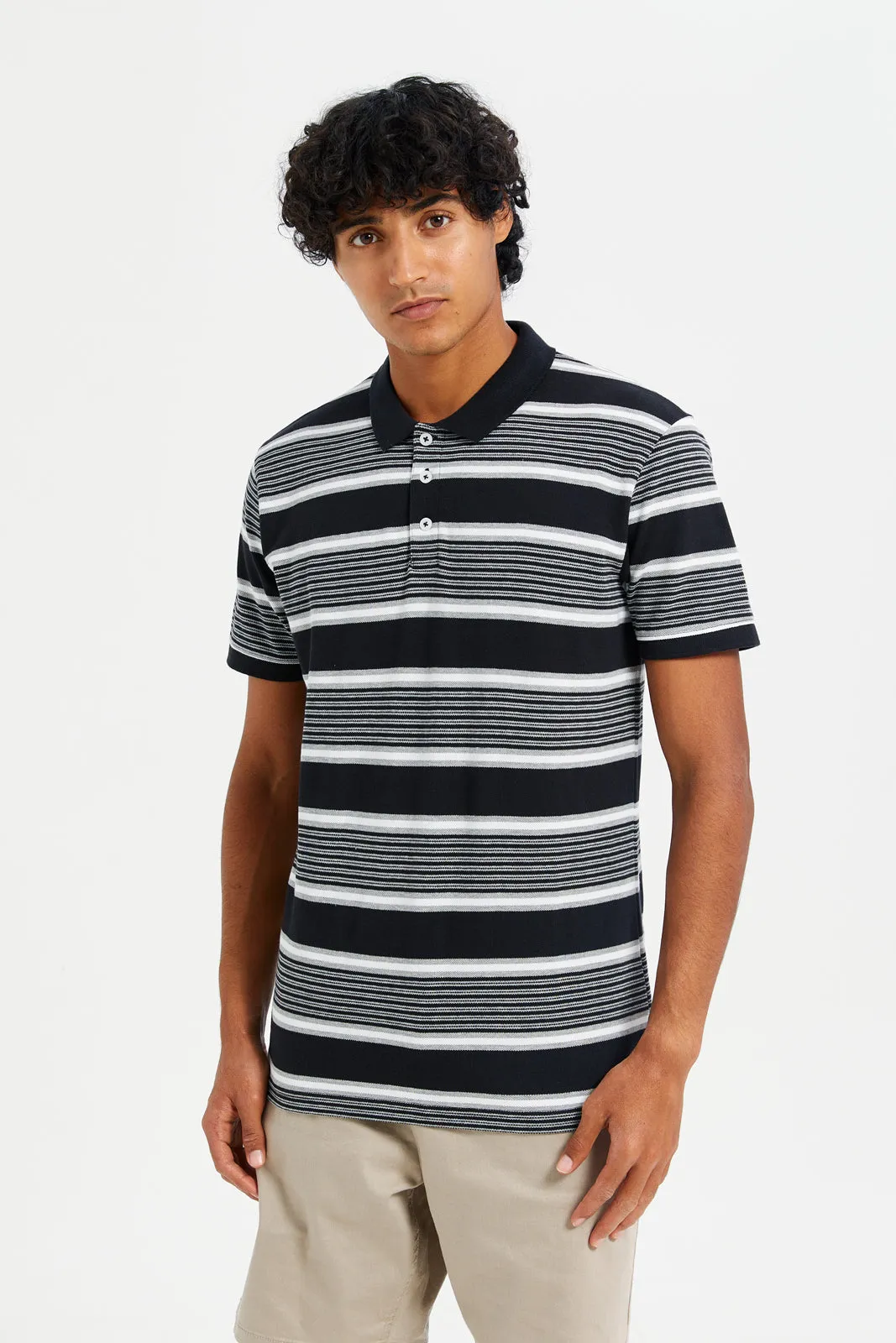 Men Grey And Black Striped Polo Shirt