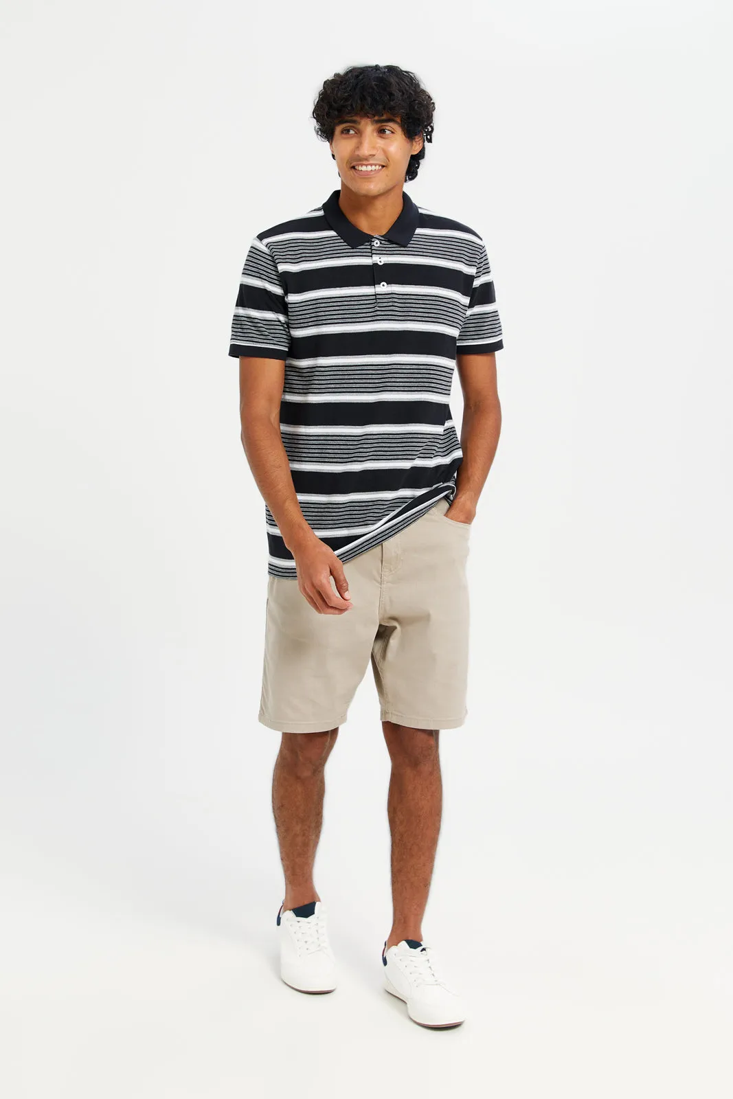 Men Grey And Black Striped Polo Shirt