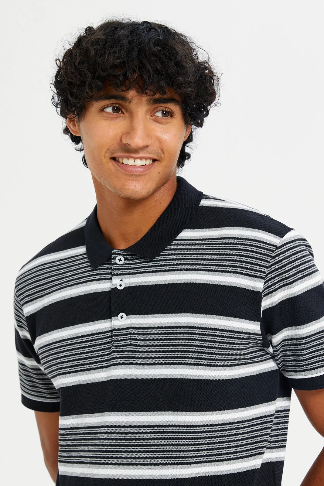 Men Grey And Black Striped Polo Shirt