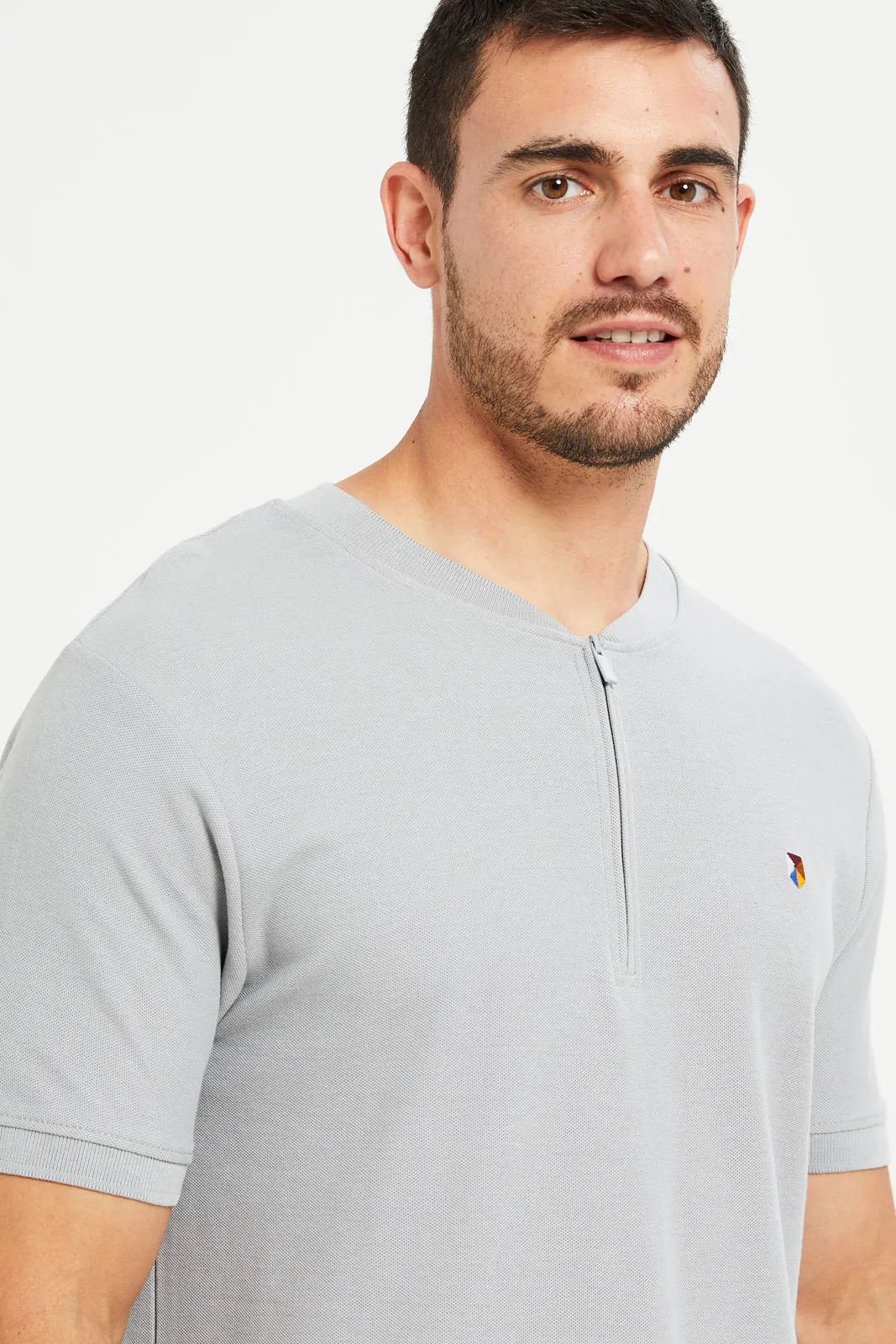 Men Grey Henley Polo Shirt