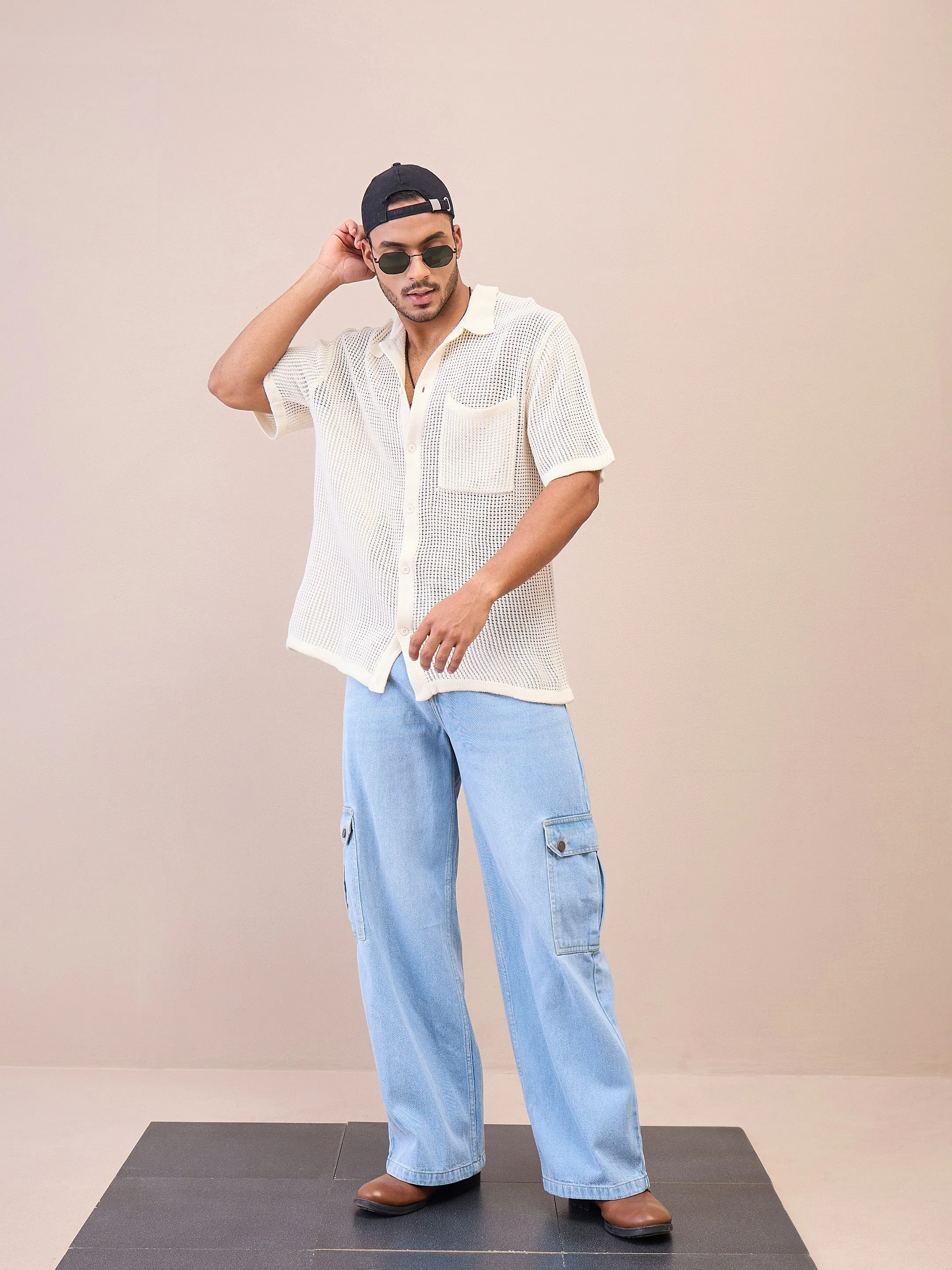 Men Light Blue Wide Leg Cargo Jeans