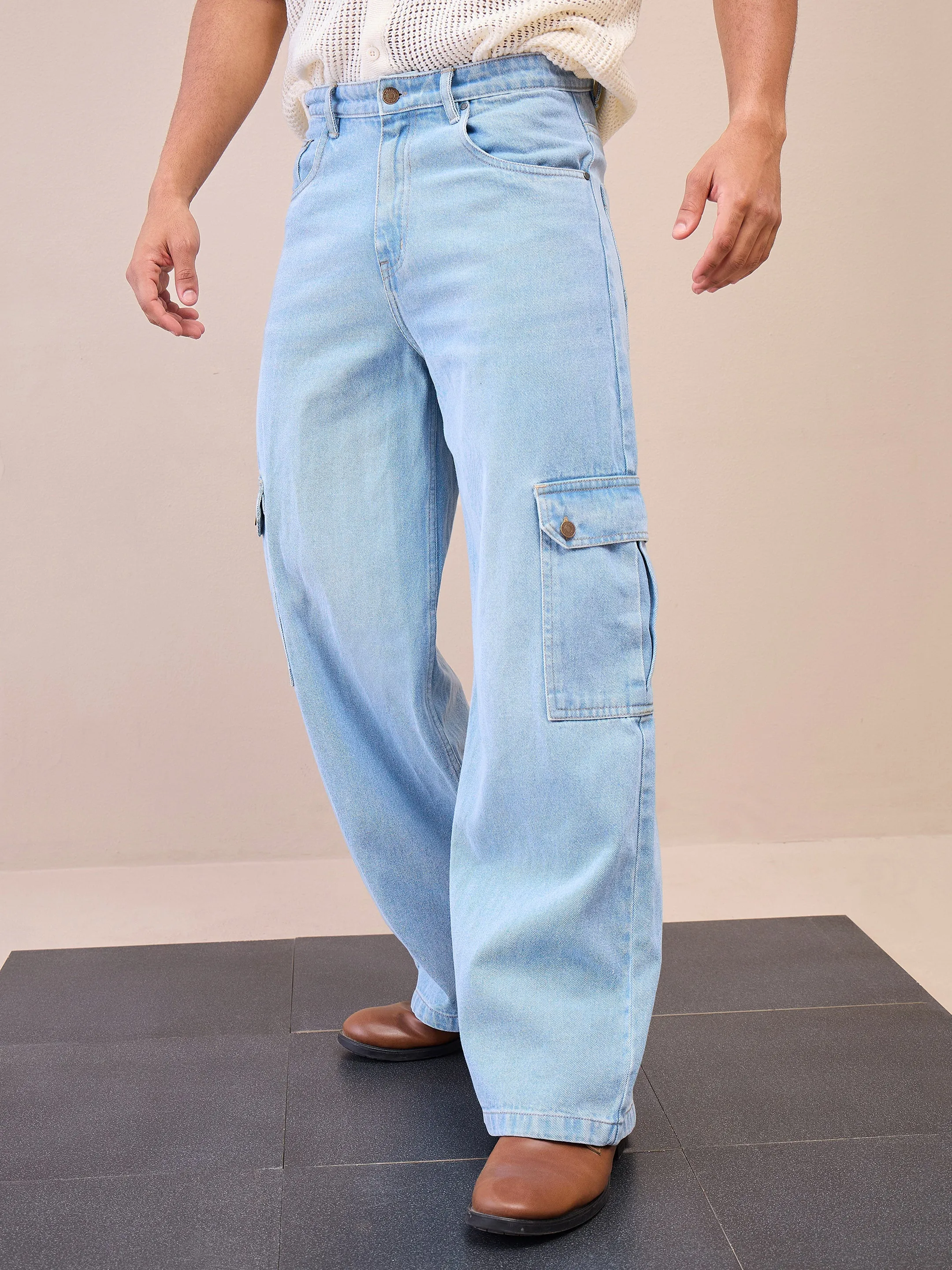 Men Light Blue Wide Leg Cargo Jeans