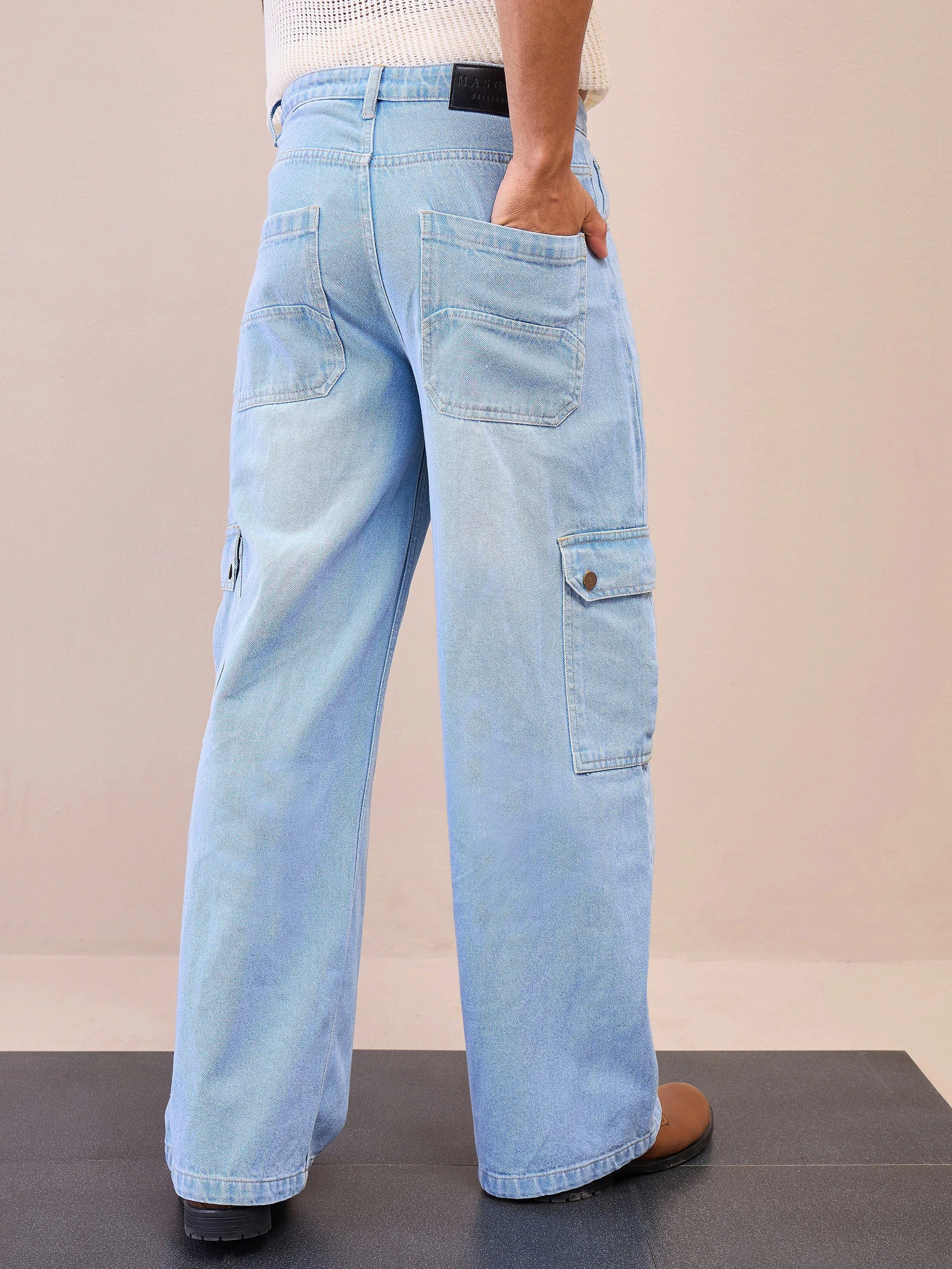 Men Light Blue Wide Leg Cargo Jeans