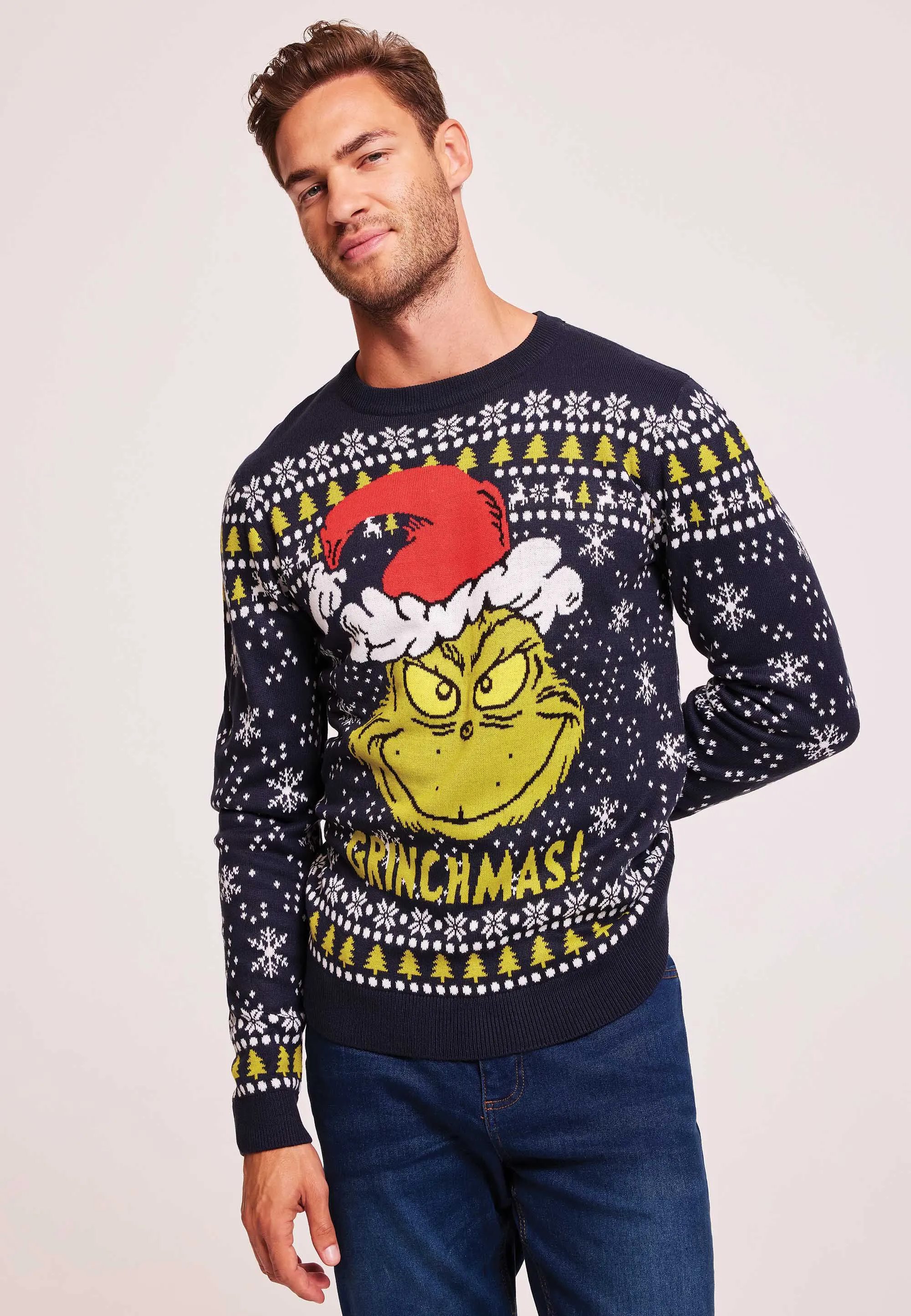 Mens Navy Grinch Fairisle Christmas Knitted Jumper