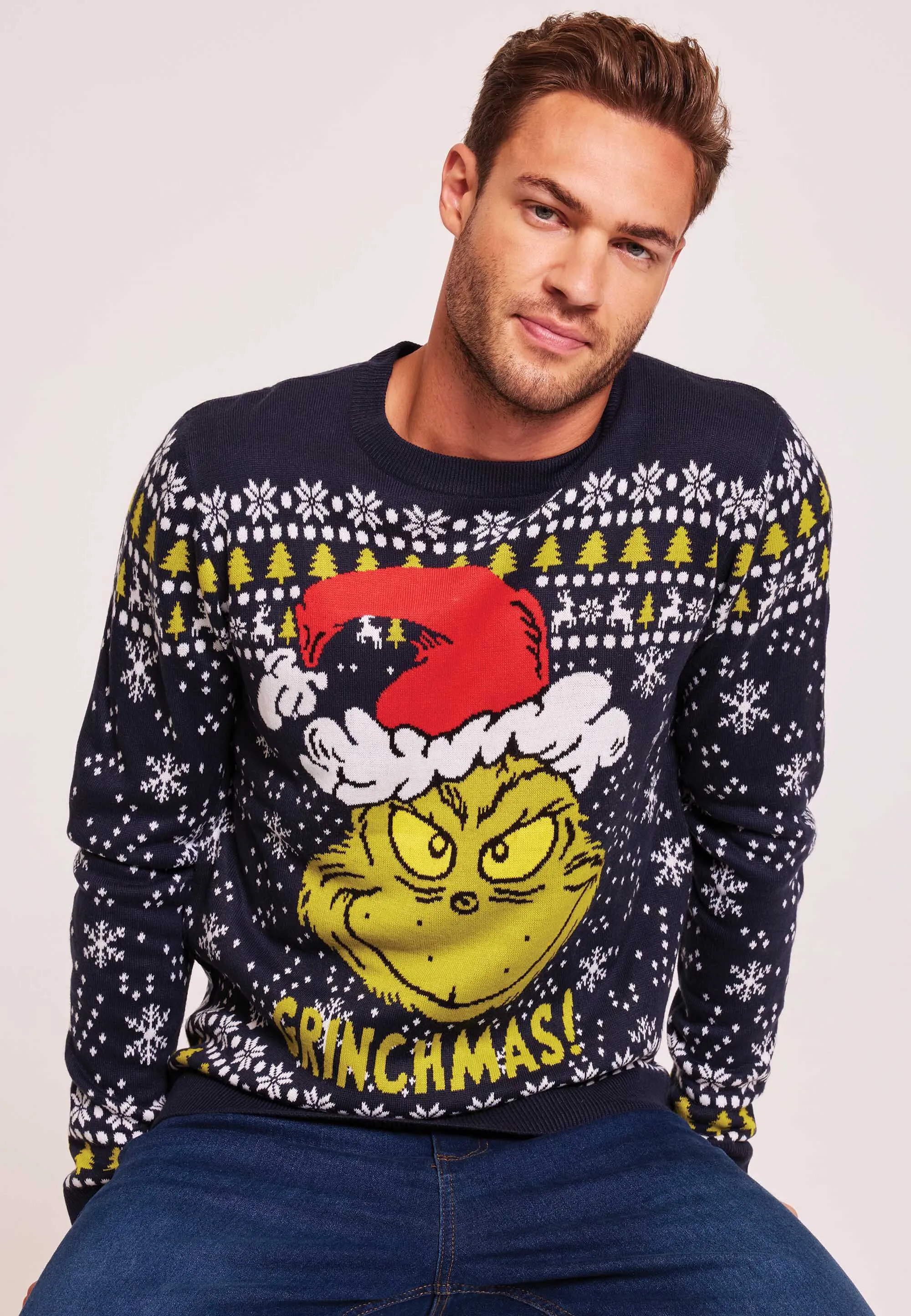 Mens Navy Grinch Fairisle Christmas Knitted Jumper