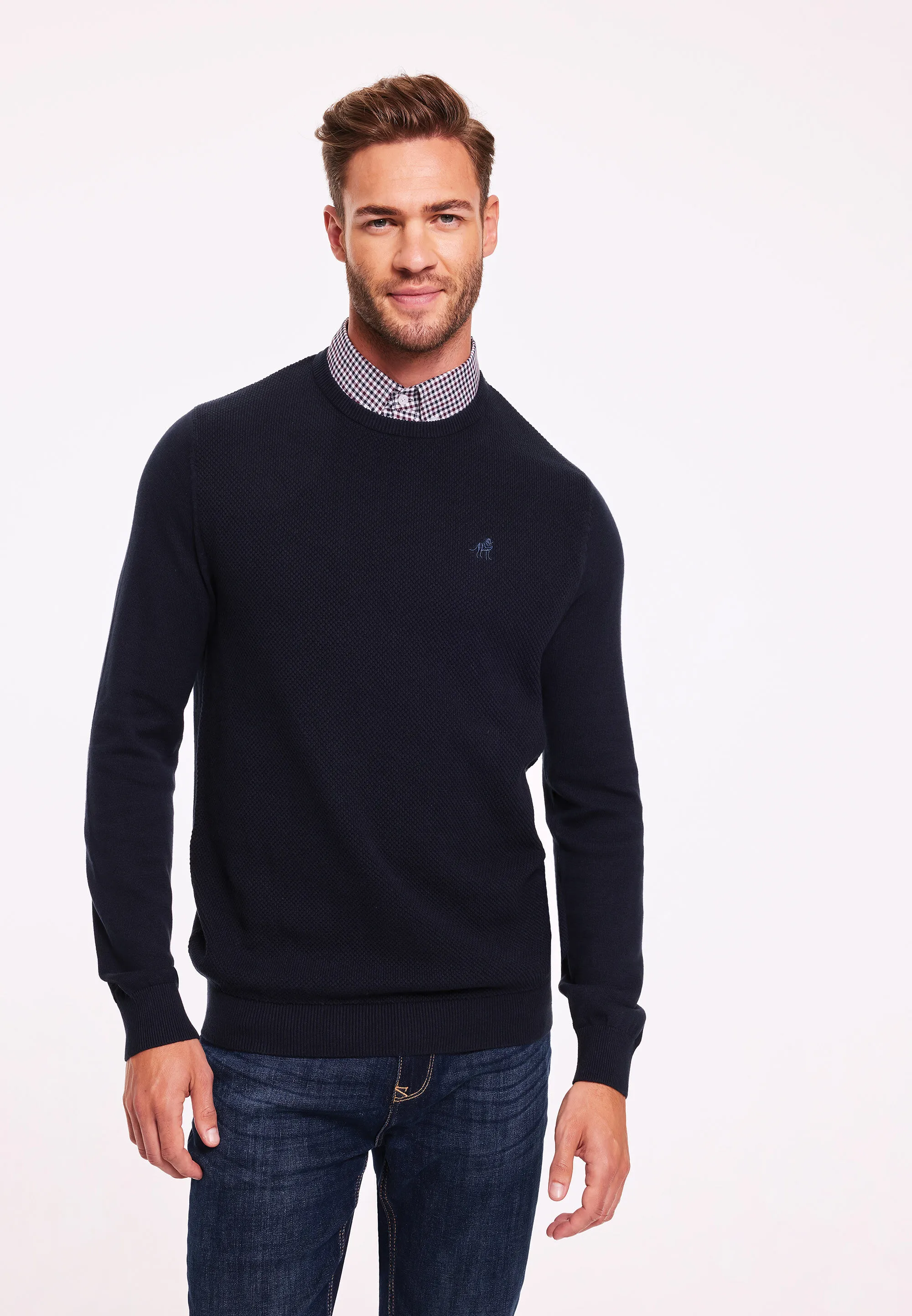 Mens Navy Plain Textured Mock Shirt Jumper