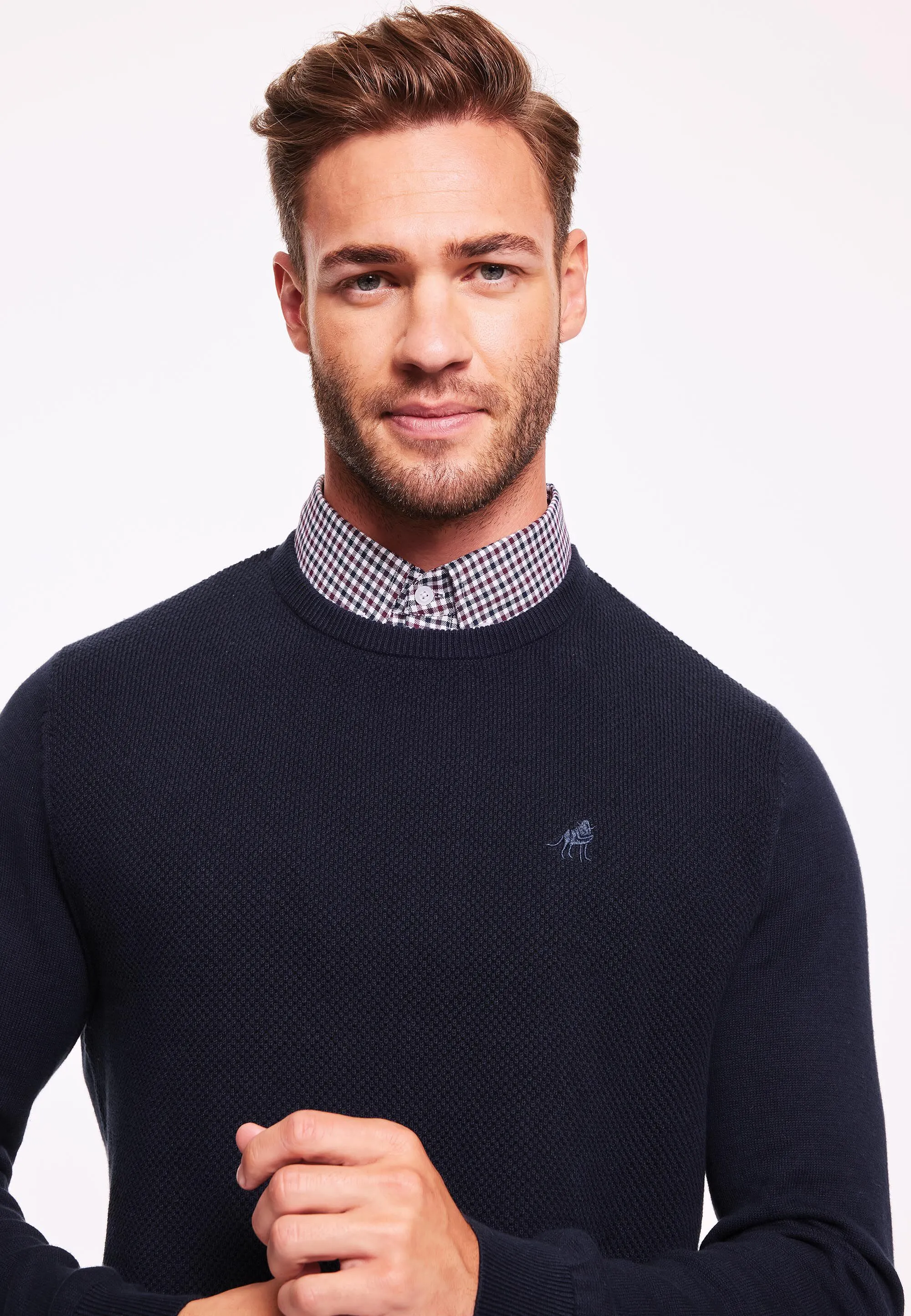 Mens Navy Plain Textured Mock Shirt Jumper