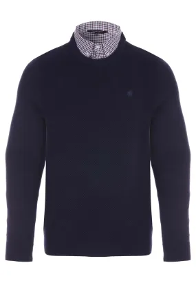 Mens Navy Plain Textured Mock Shirt Jumper