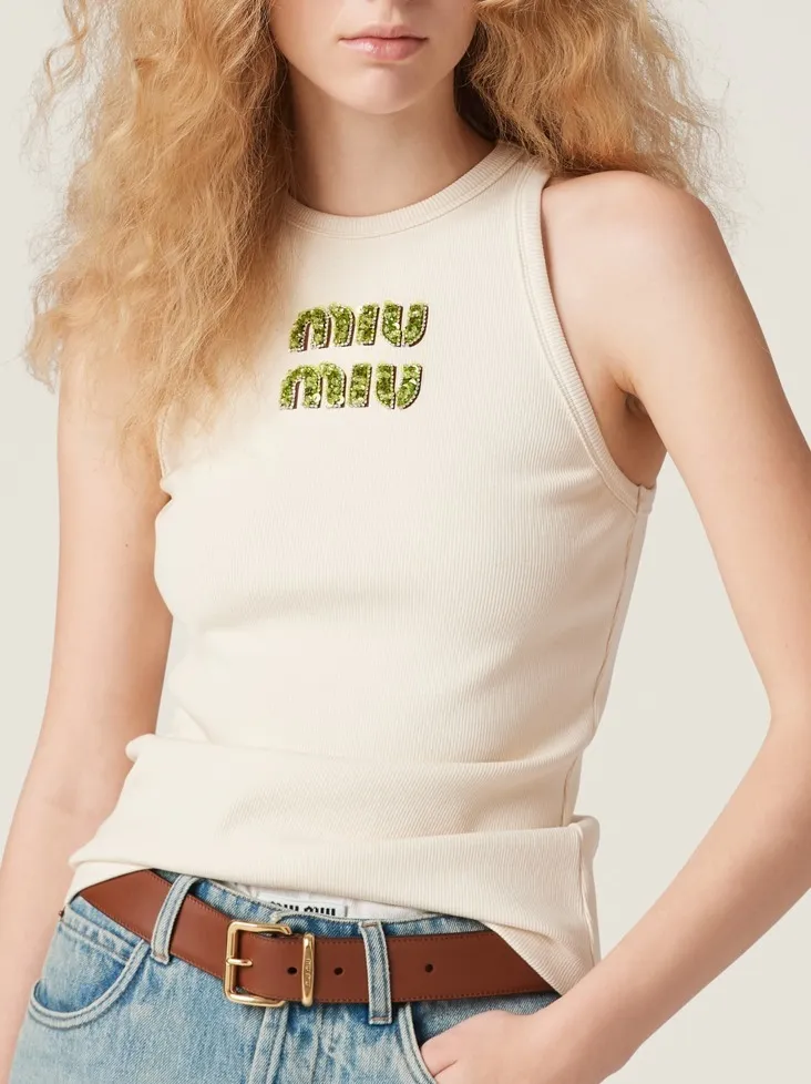 MiuMiu  |Crew Neck Rib Blended Fabrics Street Style Plain Cotton