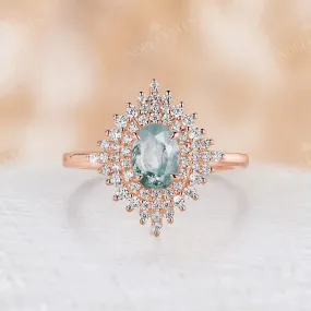 Moss Agate Vintage Oval Rose Gold Halo Engagement Ring