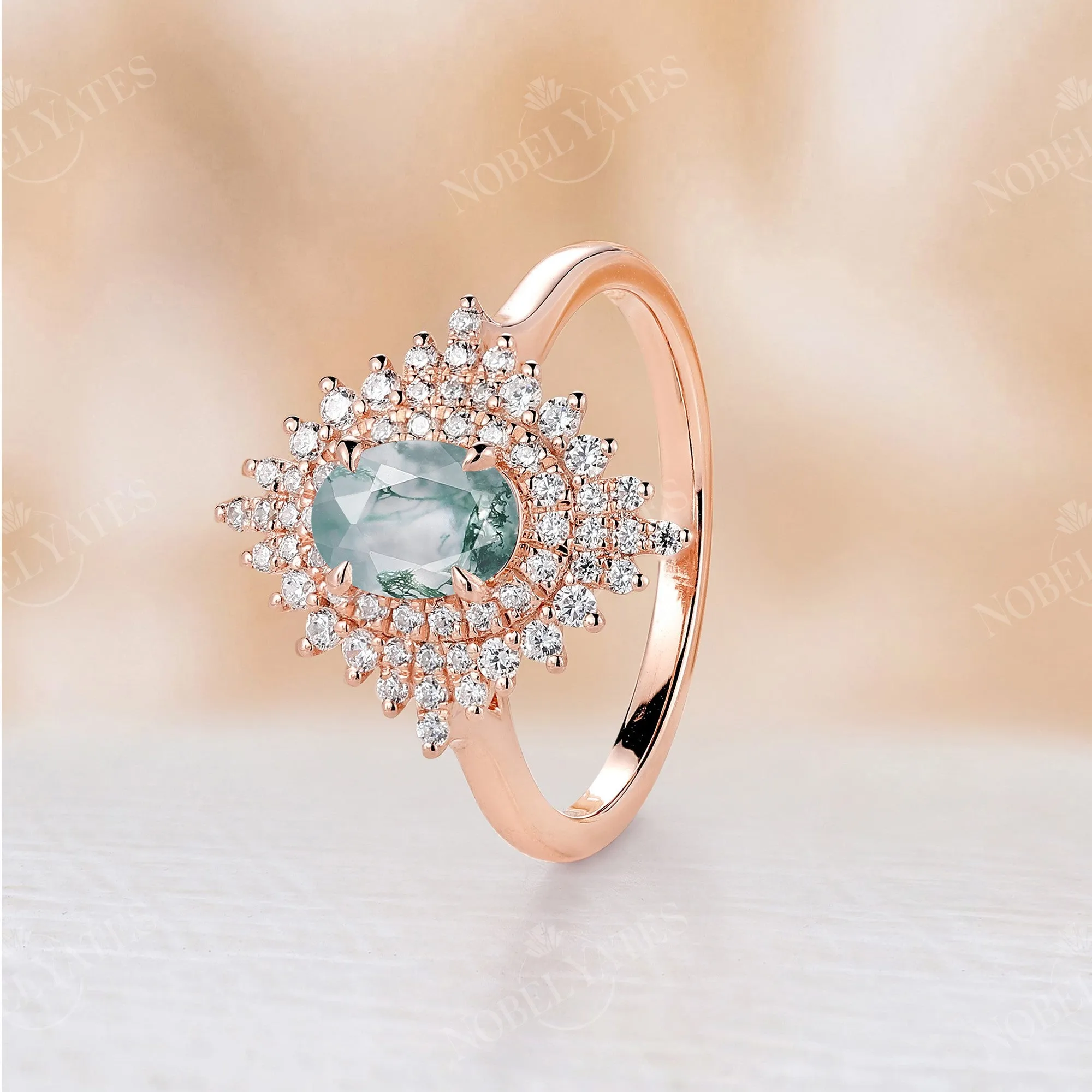 Moss Agate Vintage Oval Rose Gold Halo Engagement Ring