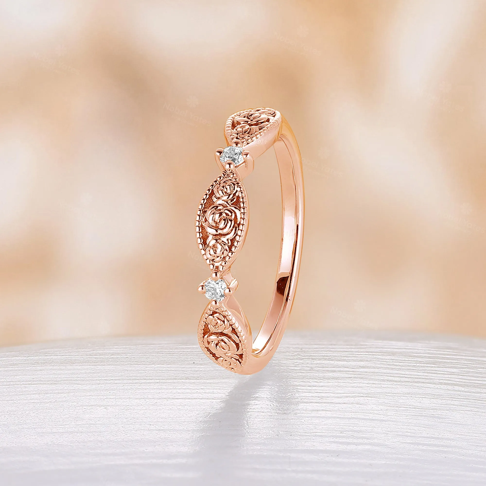 Nature Foral Design Milgrain Vintage Moissanite Wedding Band Rose Gold