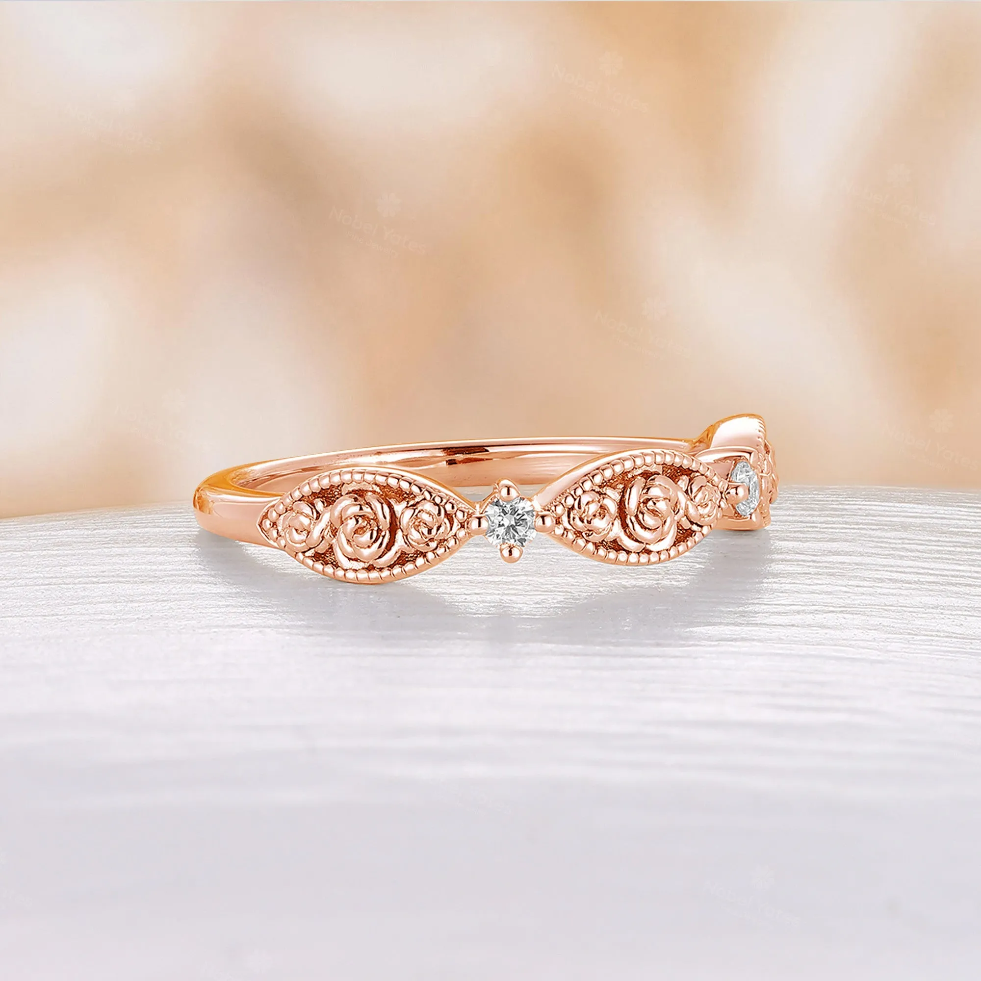 Nature Foral Design Milgrain Vintage Moissanite Wedding Band Rose Gold