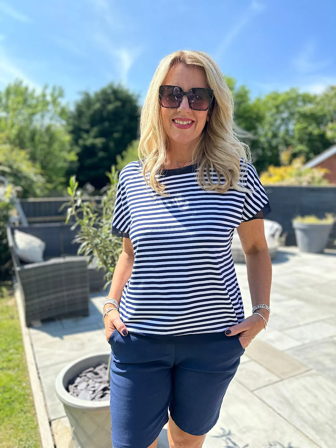 Navy Striped Crepe Trim Top Shannon