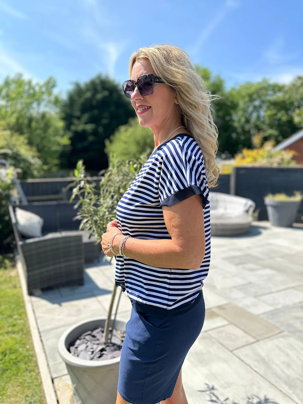 Navy Striped Crepe Trim Top Shannon