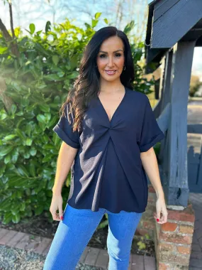 Navy Twist Front Crepe Blouse Elizabeth