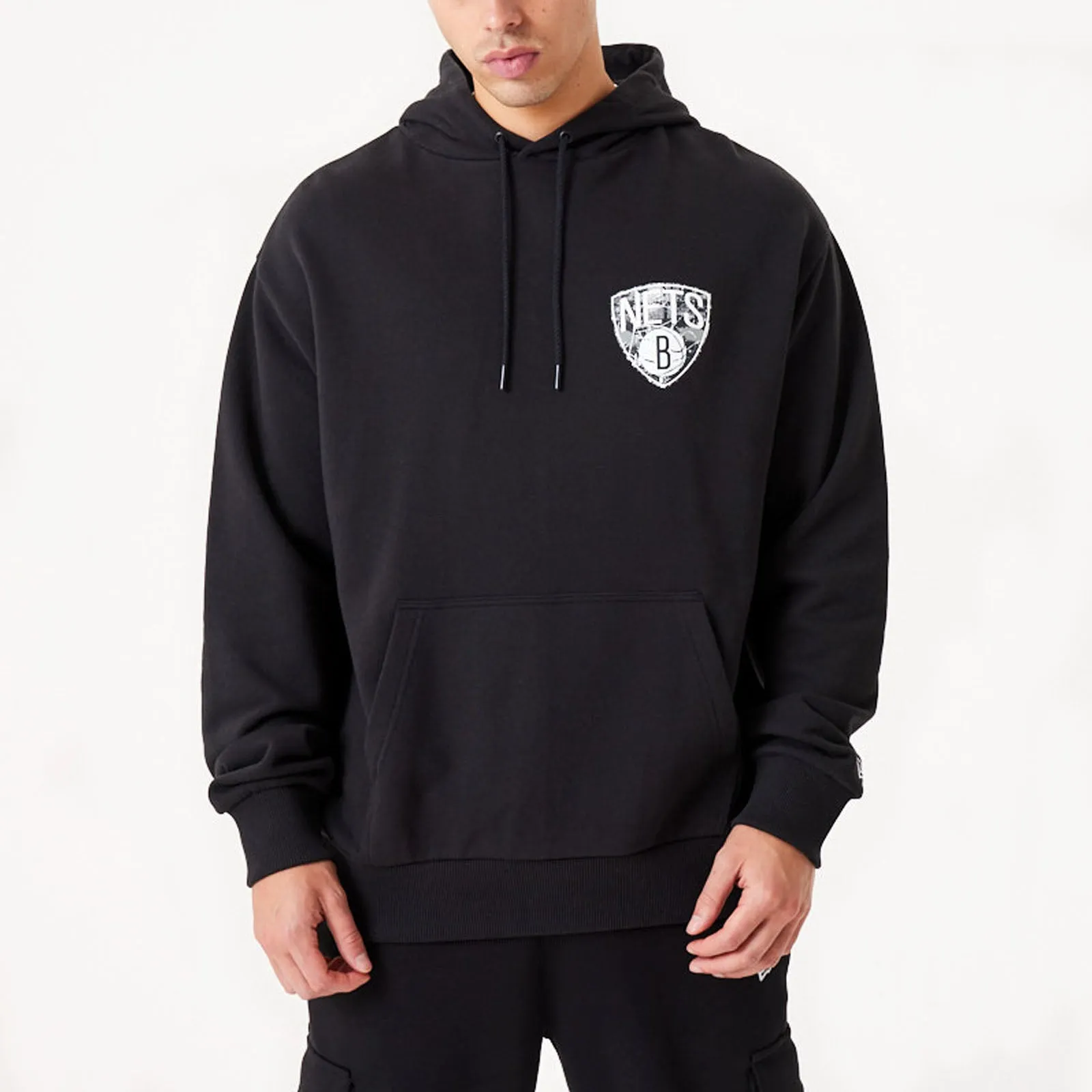 New Era Mens Brooklyn Nets Infill Team Logo Pullover Oversized Hoodie - Black