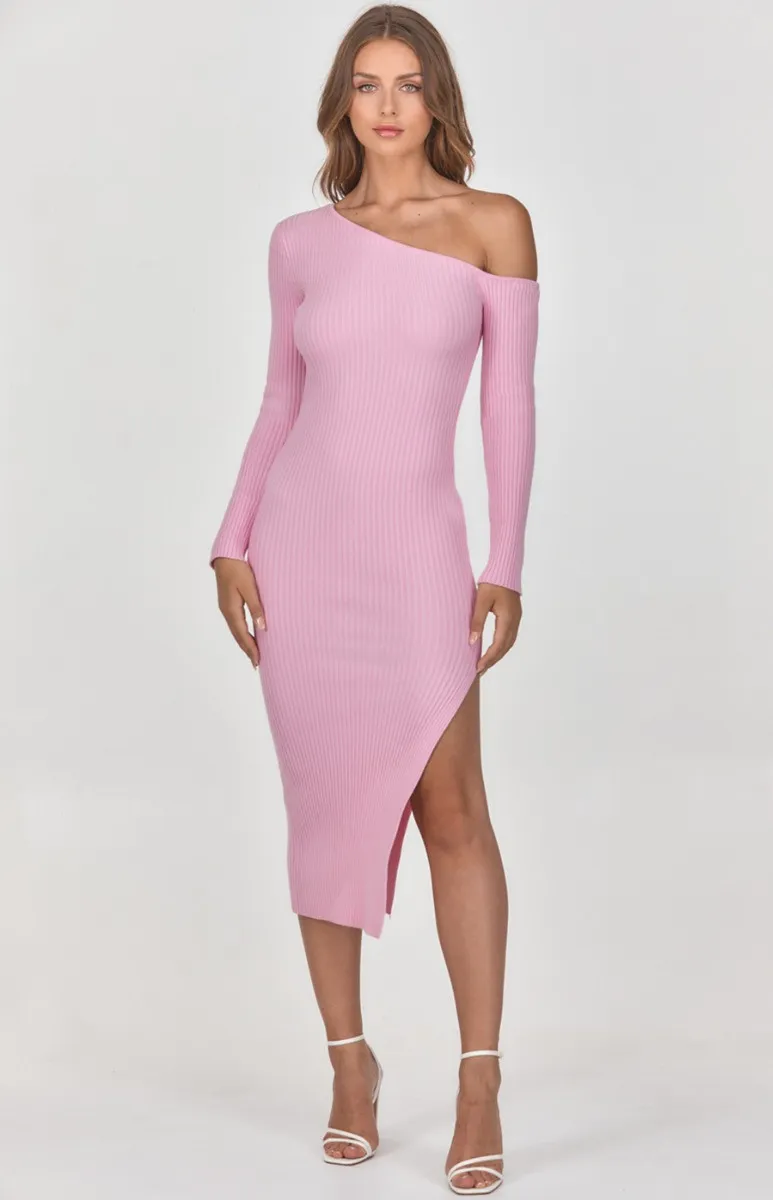 One Shoulder Knit Midi Dress with Side Split (WKN360) 