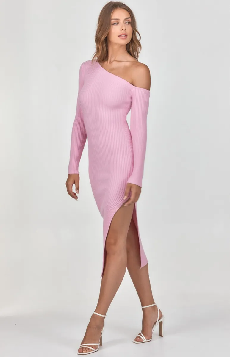 One Shoulder Knit Midi Dress with Side Split (WKN360) 