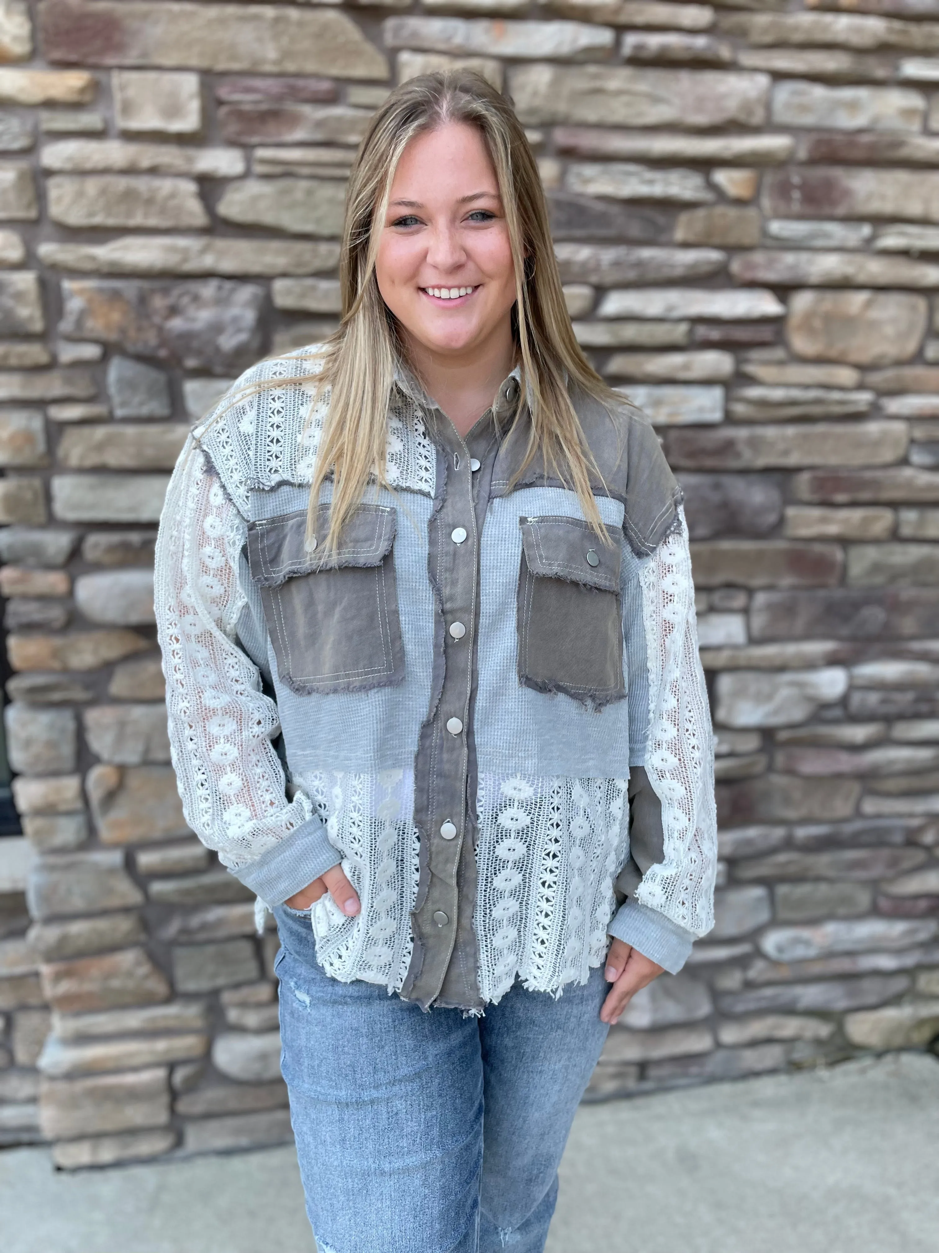 Oversized Contrast Lace Crochet Shirt | Button Down | Grey