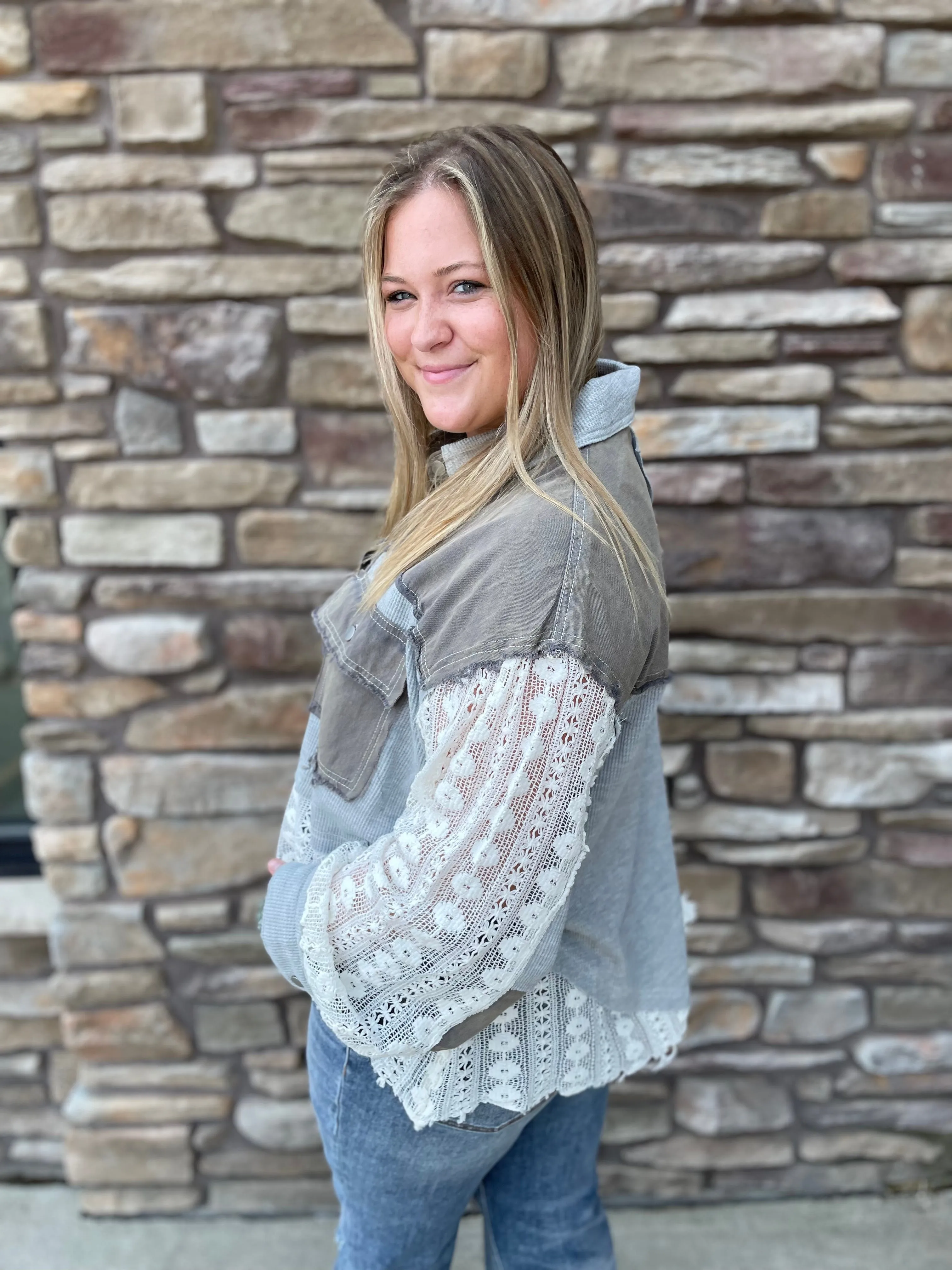 Oversized Contrast Lace Crochet Shirt | Button Down | Grey