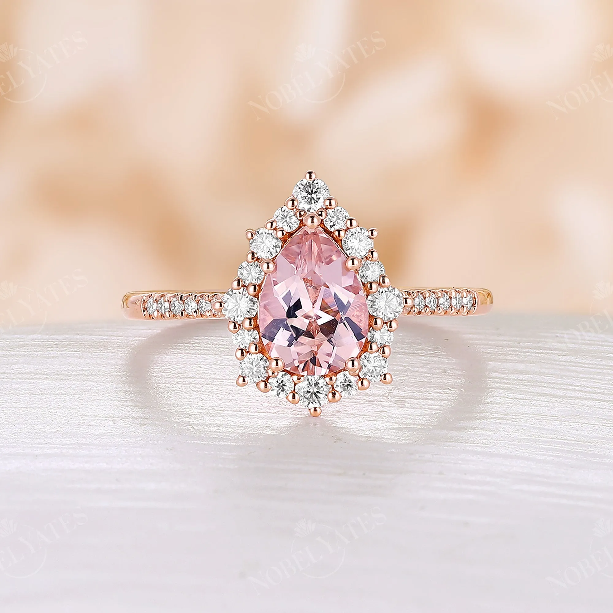 Pear Orange Pink Morganite Vintage Halo Engagement Ring Rose Gold