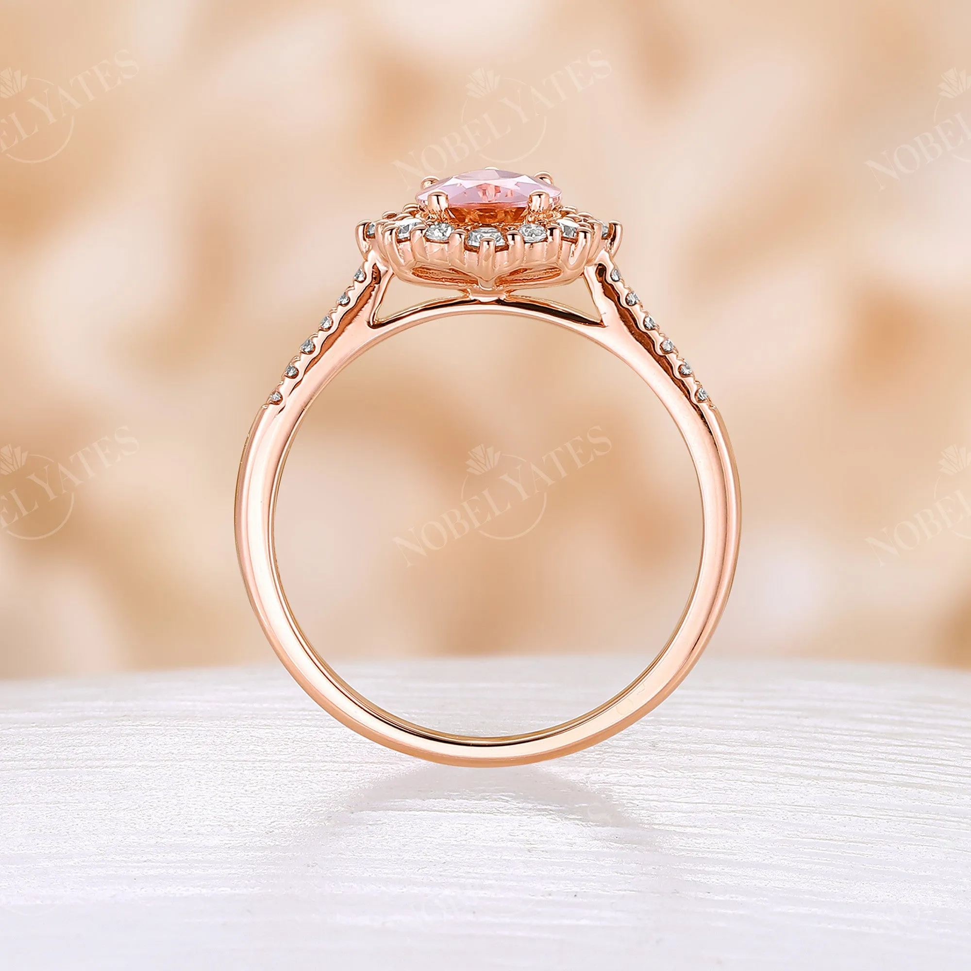 Pear Orange Pink Morganite Vintage Halo Engagement Ring Rose Gold