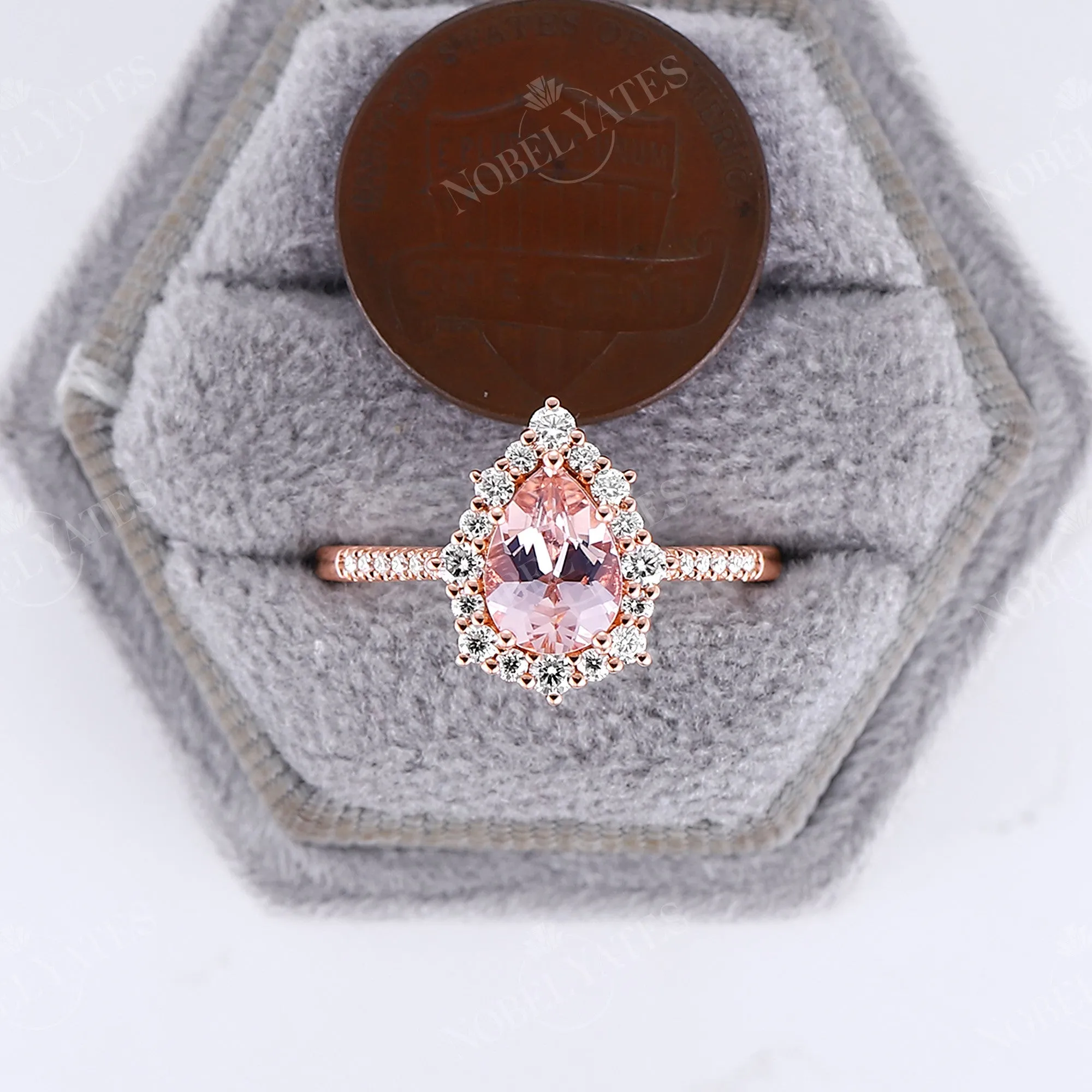 Pear Orange Pink Morganite Vintage Halo Engagement Ring Rose Gold