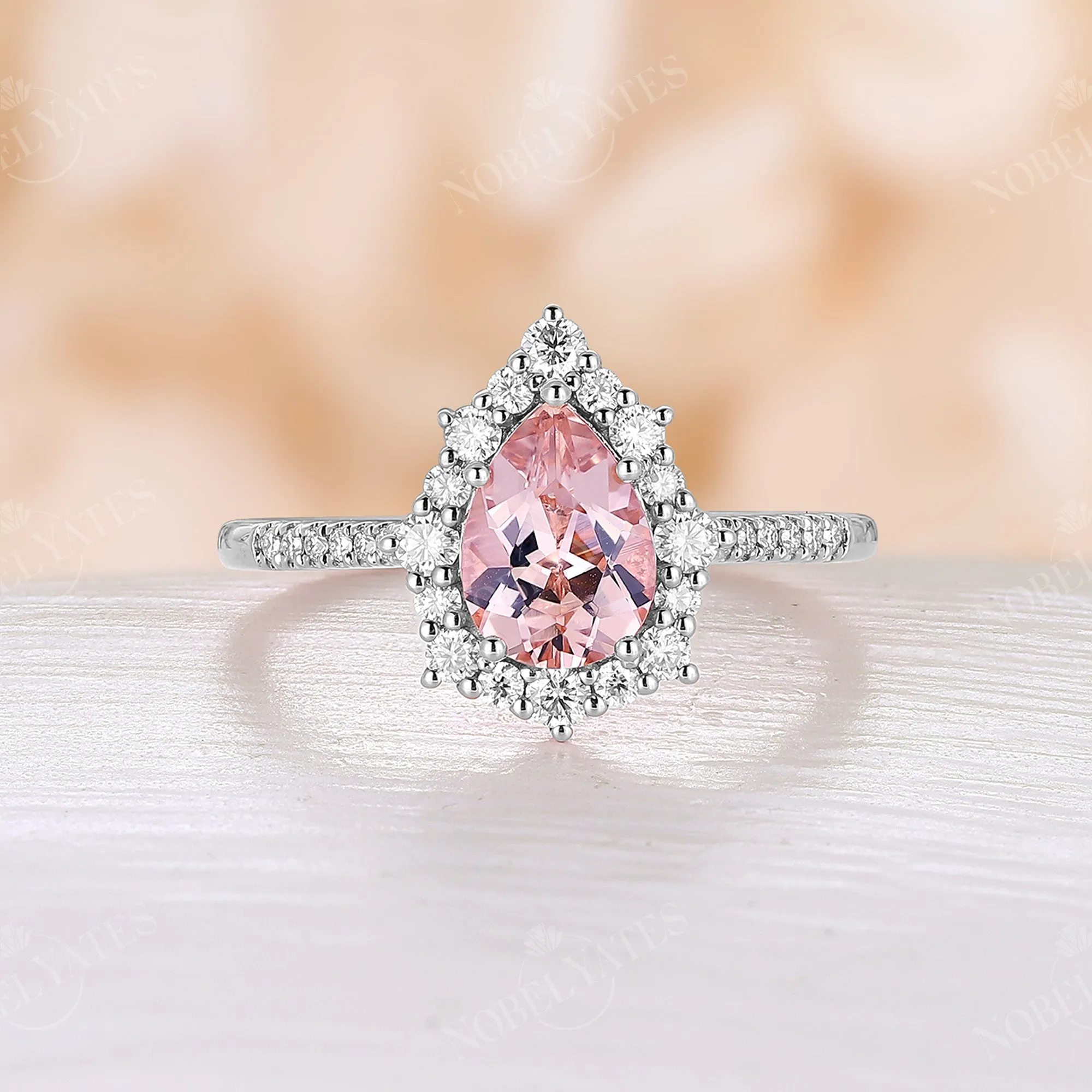 Pear Orange Pink Morganite Vintage Halo Engagement Ring Rose Gold