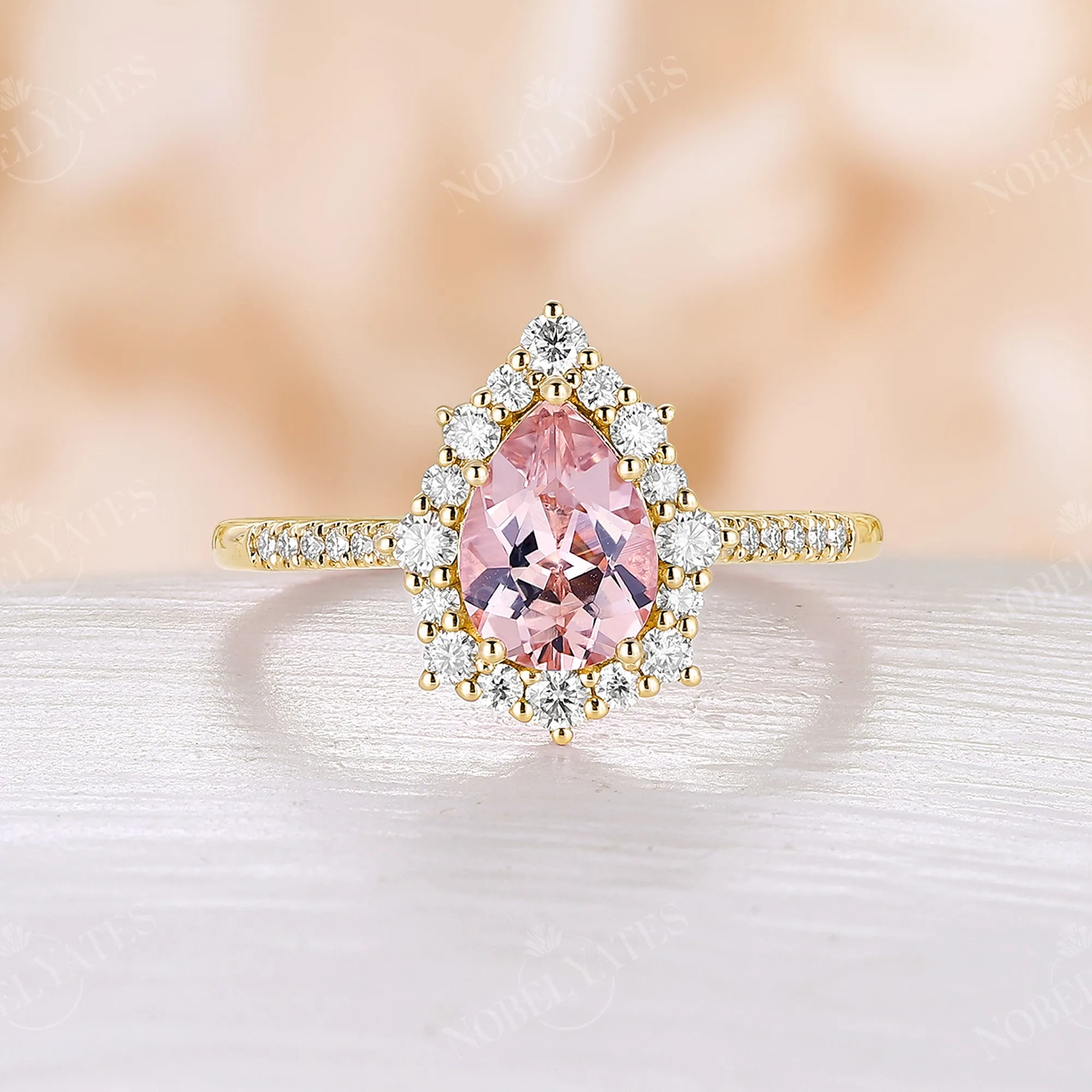 Pear Orange Pink Morganite Vintage Halo Engagement Ring Rose Gold