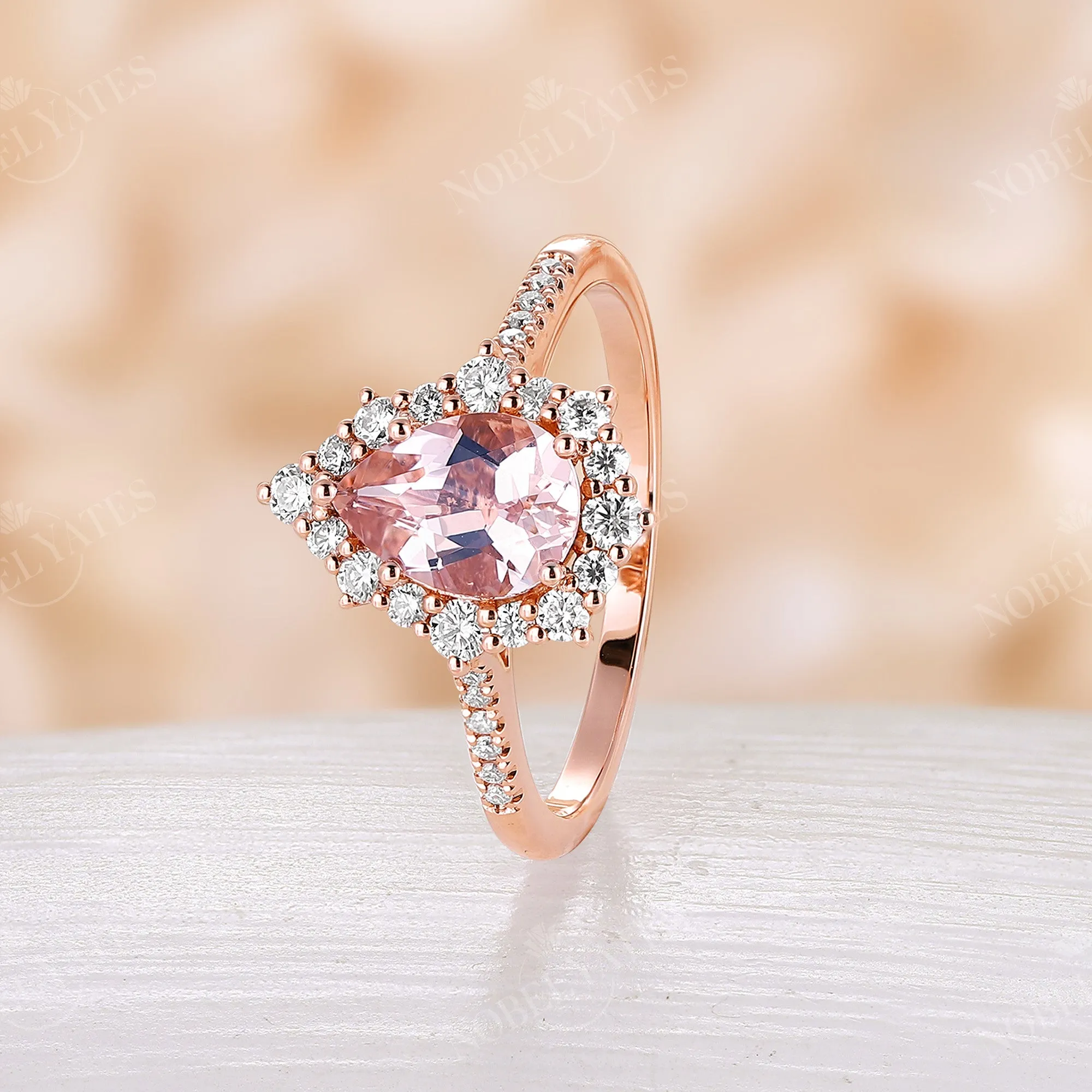 Pear Orange Pink Morganite Vintage Halo Engagement Ring Rose Gold