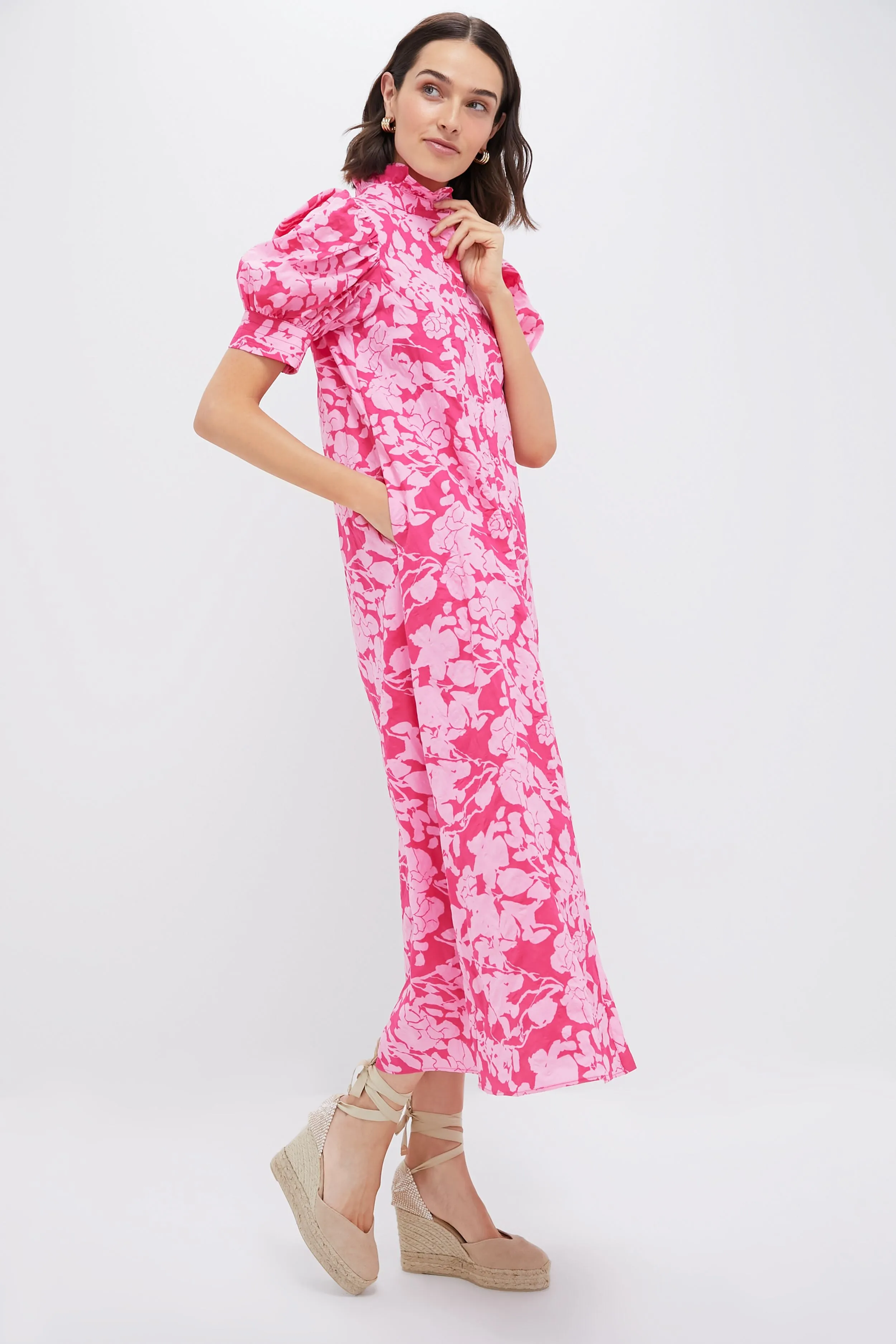 Pink Floral Ruffle Collar Louisa Maxi Dress